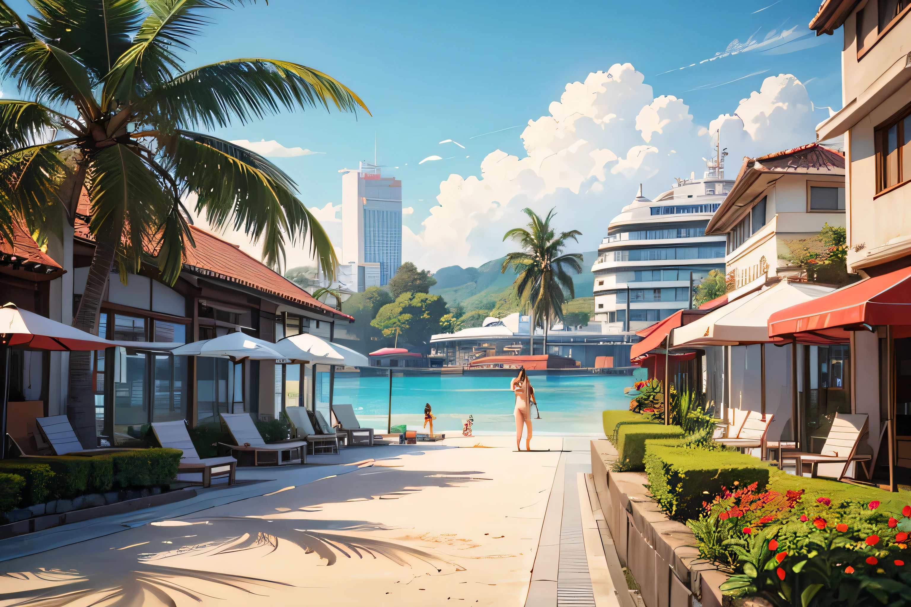 ((best quality)), ((masterpiece)), (detailed), surrealism, outdoor public shower, spa, with tropical resort beach, cruise ship background, busy with customers