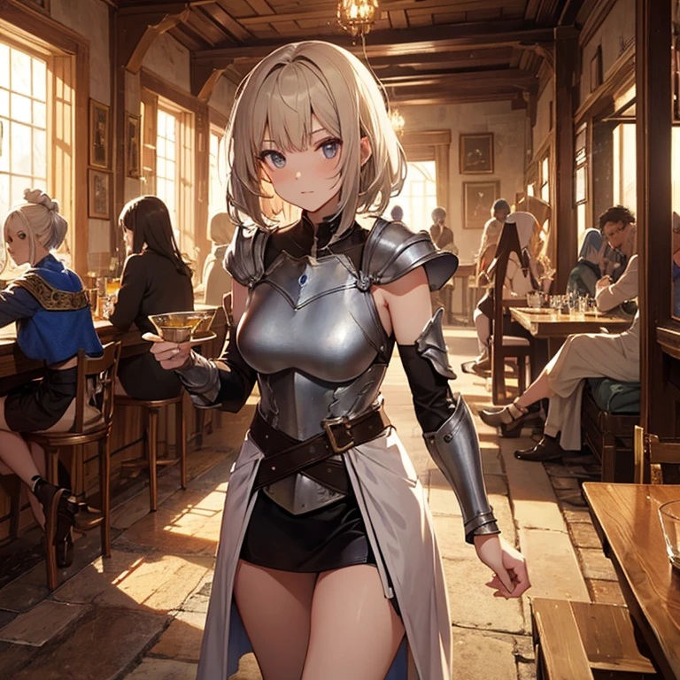 A group of  female medieval fantasy adventurers, (in tavern), various hair styles, harem, night, details face, short skirt, seducing, sleeveless, armor 