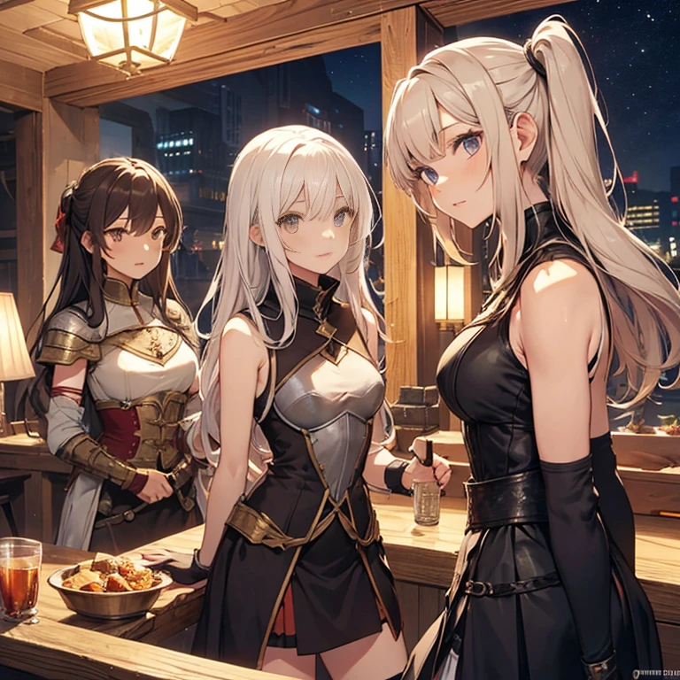 A group of  female medieval fantasy adventurers, (in tavern), various hair styles, harem, night, details face, short skirt, seducing, sleeveless, armor 