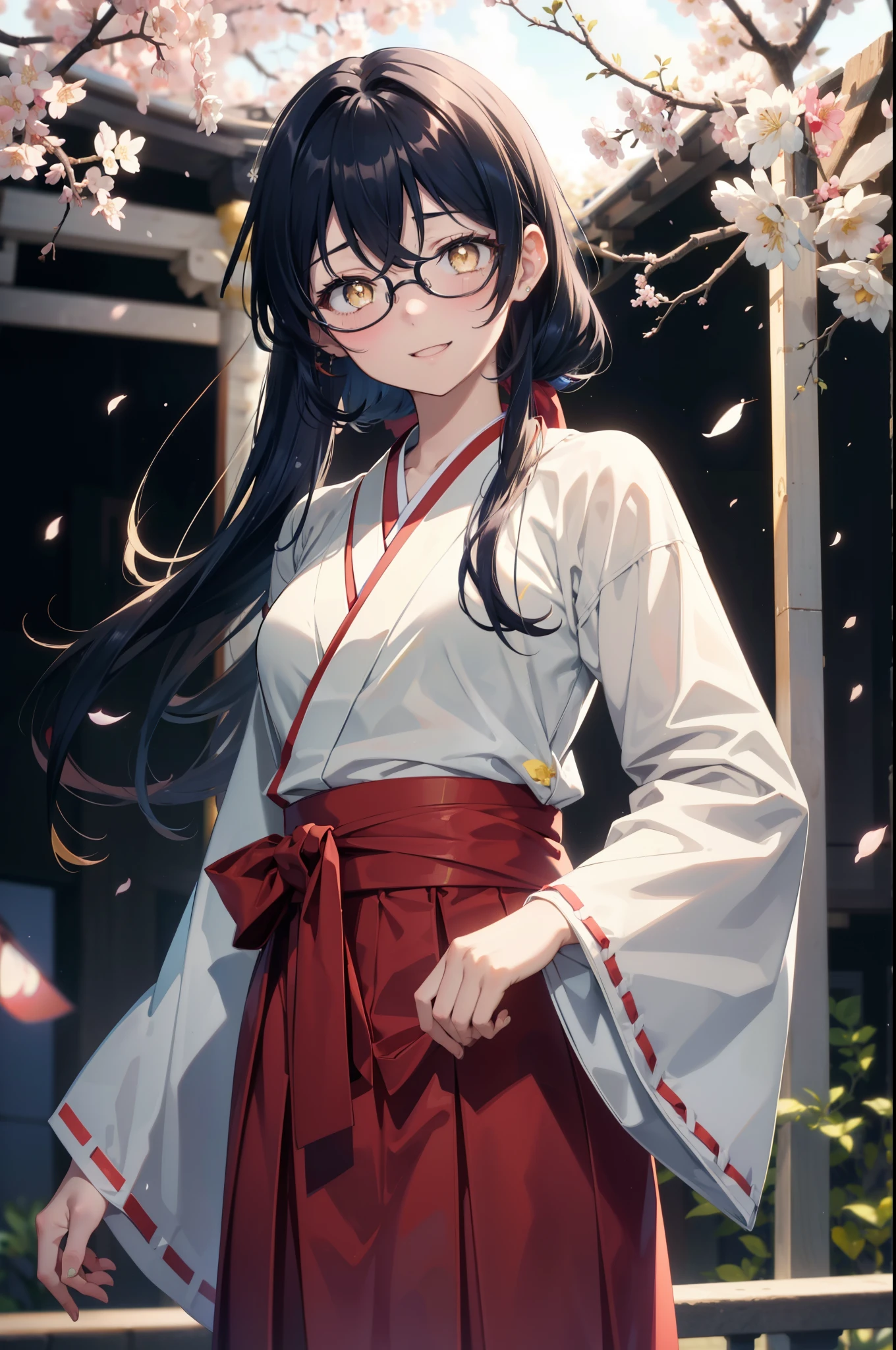 you are so kind, umi sonoda, long hair, blue hair, (yellow eyes:1.5) (flat chest:1.2),happy smile, smile, open your mouth,black rim glasses,Blue headband,
Platycodon grandiflorum,Miko, white kimono, red hakama,kimono, same as skirt, wide sleeve, long sleeve, ribbon trim sleeves,
とてもlong hair, dull bangs, low ponytail, evening,sunset,The sun is setting,cherry blossoms are blooming,Cherry blossoms are falling,
break looking at viewer,whole body,Upper body,,(cowboy shot:1.5),
break indoors, shrine,torii,
break (masterpiece:1.2), highest quality, High resolution, unity 8k wallpaper, (figure:0.8), (detailed and beautiful eyes:1.6), highly detailed face, perfect lighting, Very detailed CG, (perfect hands, perfect anatomy),