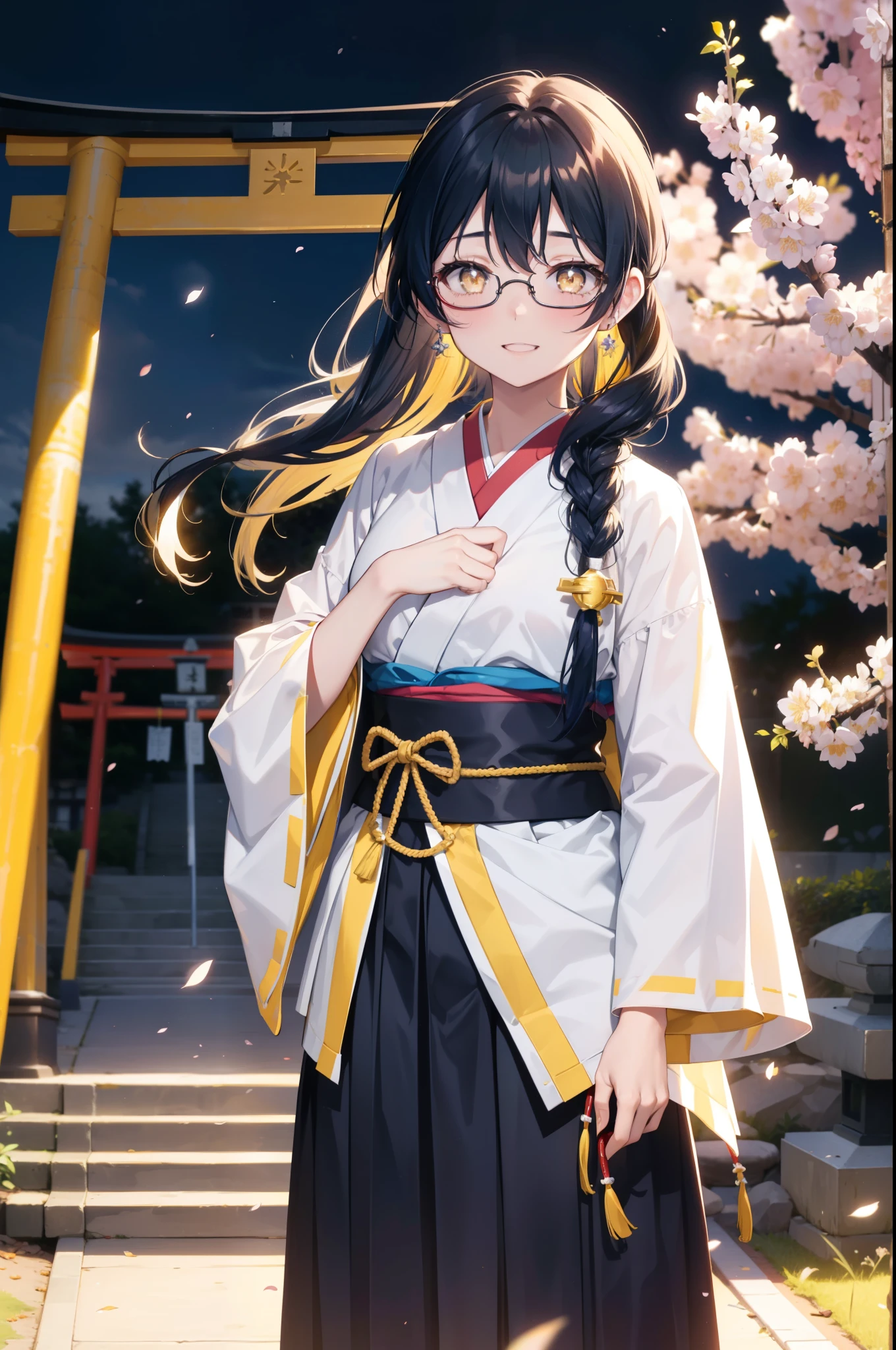 you are so kind, umi sonoda, long hair, blue hair, (yellow eyes:1.5) (flat chest:1.2),happy smile, smile, open your mouth,black rim glasses,Blue headband,
Platycodon grandiflorum,Miko, white kimono, red hakama,kimono, same as skirt, wide sleeve, long sleeve, ribbon trim sleeves,
とてもlong hair, dull bangs, low ponytail, evening,sunset,The sun is setting,cherry blossoms are blooming,Cherry blossoms are falling,
break looking at viewer,whole body,Upper body,,(cowboy shot:1.5),
break indoors, shrine,torii,
break (masterpiece:1.2), highest quality, High resolution, unity 8k wallpaper, (figure:0.8), (detailed and beautiful eyes:1.6), highly detailed face, perfect lighting, Very detailed CG, (perfect hands, perfect anatomy),