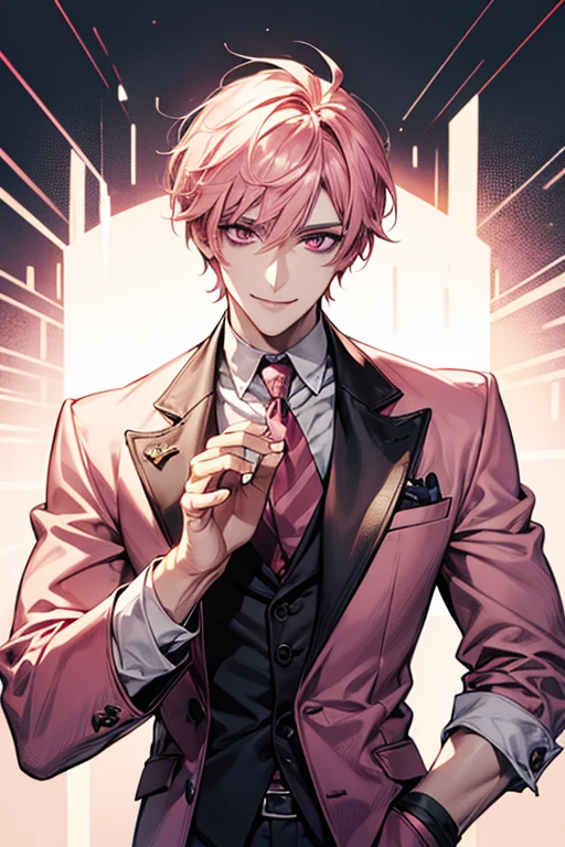Handsome, solo, 1 male, short hair, pink hair, pink eyes, smile facial