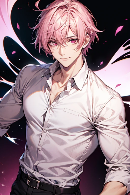 Handsome, solo, 1 male, short hair, pink hair, pink eyes, smile facial