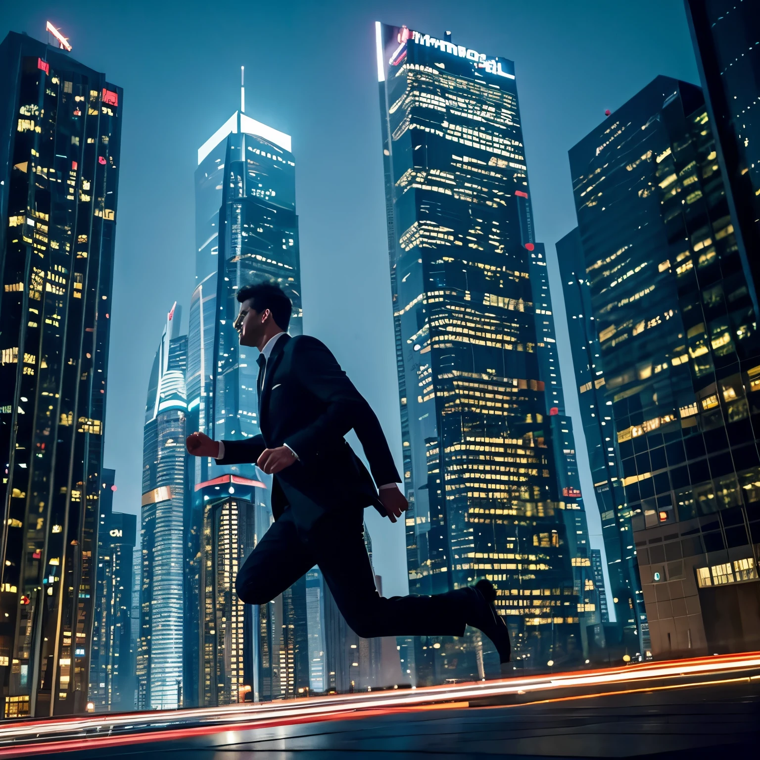 A man running towards skyscrapers at night、navy suit、
