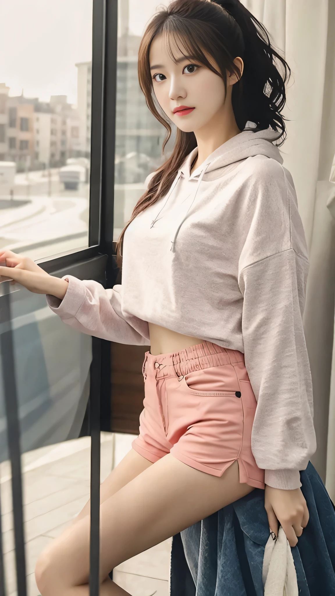 (8K, original photo, best quality, masterpiece), (actual, photo-actual:1.2), Super detailed, 1 girl, Lovely, alone, beautiful detailed sky, Detail of cafe, night, sitting, Dating, dose blush, Keep your mouth shut, beautiful and delicate eyes, wearing a hoodie, dolphin shorts, medium build, flowing hair, long blue hair, girl, feminine, pink eyes, Ultra-fine details, Complex scenes, ambient light, soft light, elegant, symmetrical facial features, precise anatomy, anatomically correct girl, landscape, gossamer, ethereal, whole body, ponytail, Moderate, Moderate, Sensible, big breasts,