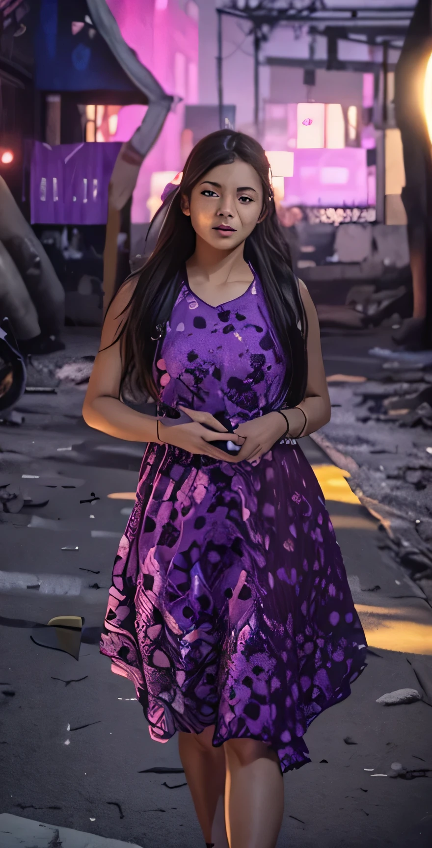 Character half aside, female, girl, 20 years old, no beard,dark brown hair, grey eyes, short hair, calm. wise, background with neon purple graffiti, utopian city, Surrealism, Minimalism, Expressionism, anime style, drop shadow, film grain, vignetting, silhouette, 1080P, anatomically correct