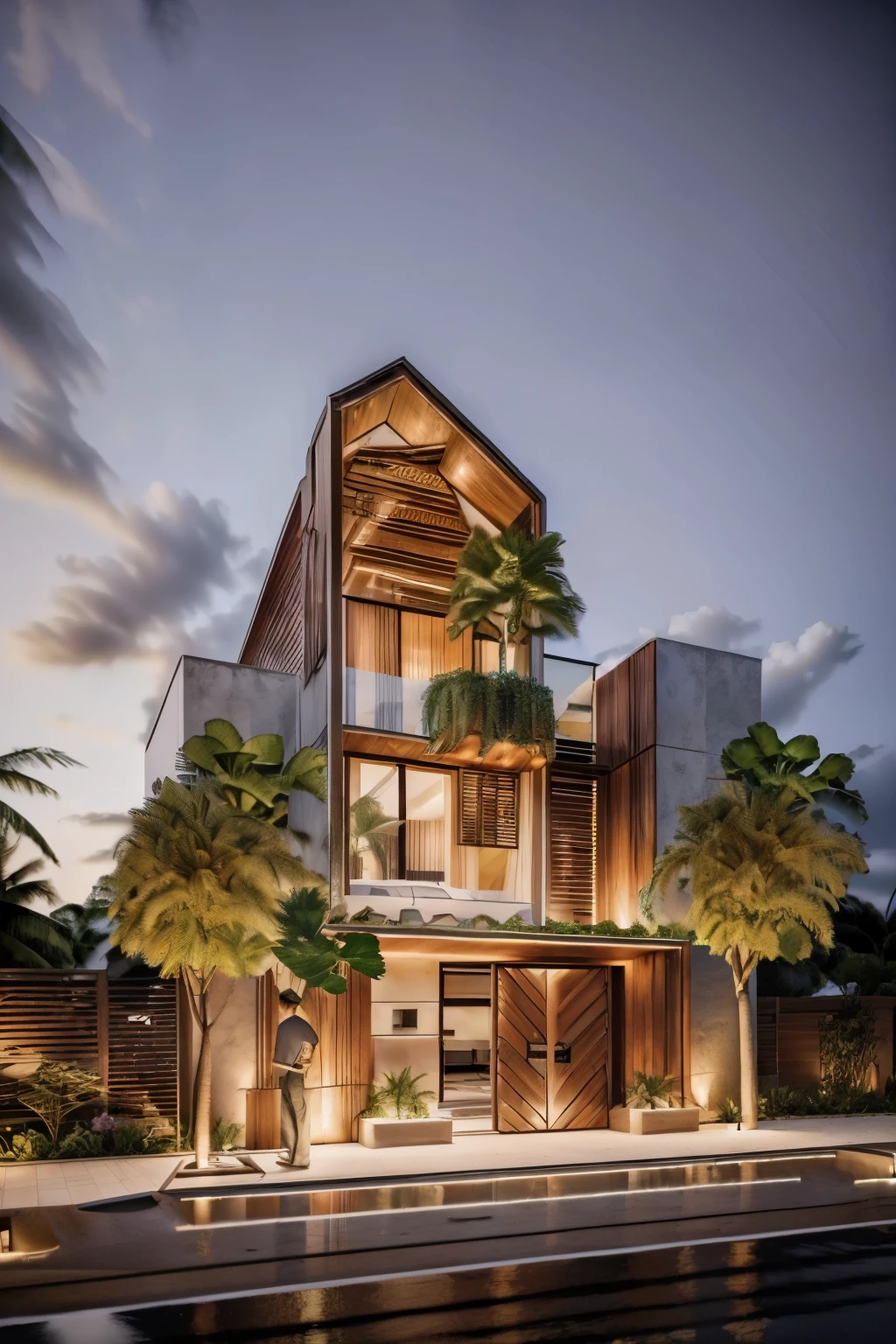Boho house, luxury beach front Caribbean luxury villa, glass open space loft villa with roof garden, modern, dynamic (RAW photo, real, best quality, masterpiece:1.2), (hyper realistic, photo-realistic:1.2), high quality, (dark lighting:1.2), perfect lighting, archdaily, architecture digest award wining sustainable architecture, cinematic