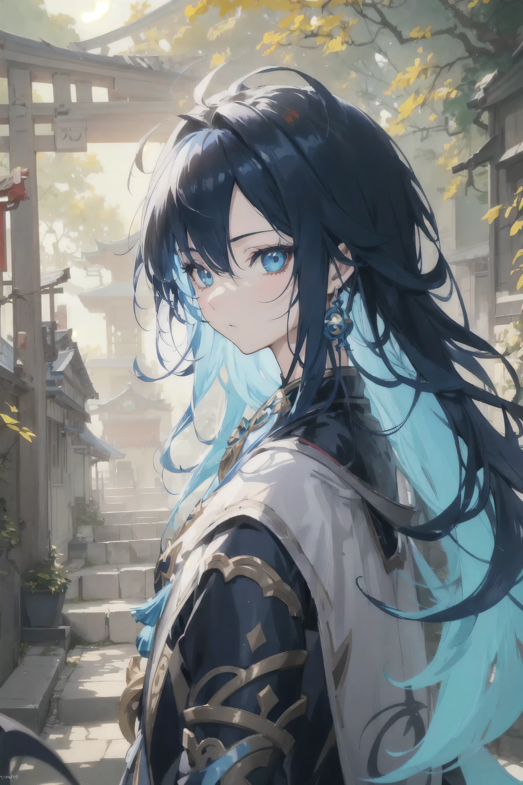 Anime girl with blue hair and blue eyes standing in front of the gate, keqing from Genshin impact, Zodiac Girl Knight Portrait, Black-haired mage, anime art wallpaper 8k, Detailed digital animation art, Genshin, Popular topics on artstation pixiv, guweiz on pixiv artstation, anime art wallpaper 4k