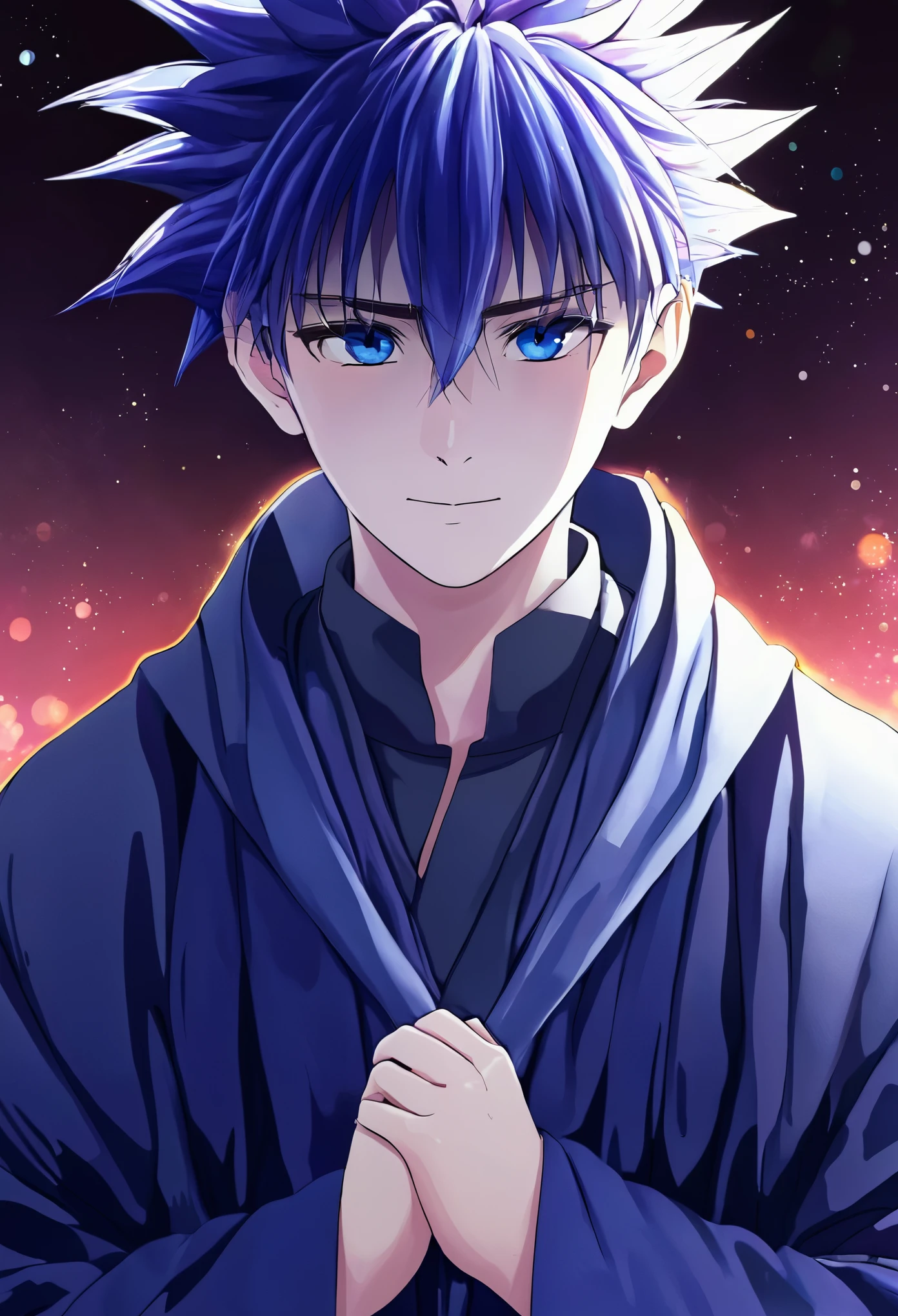a man with spiky hair, dark blue hair, dark blue eyes, a healer wearing a typical brightly colored magical robe, he’s ager, 21 years old, with anime style