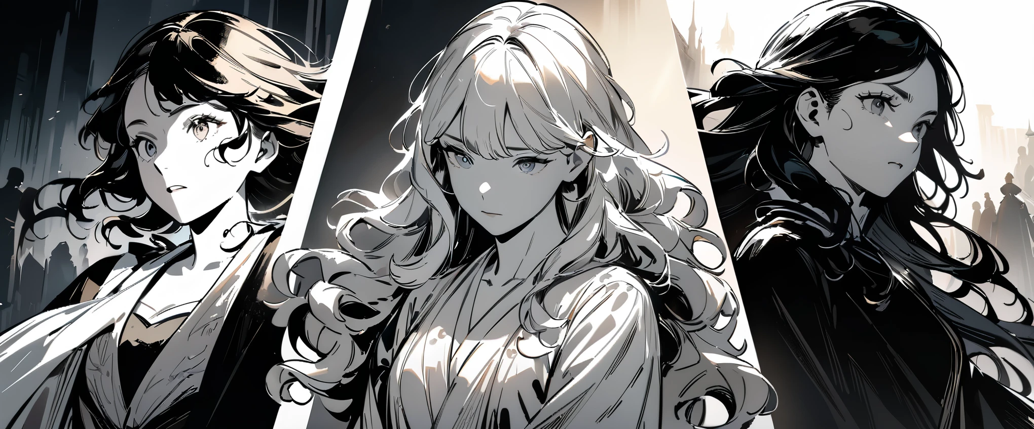 (best quality,4k,8k,highres,masterpiece:1.2),ultra-detailed,realistic,anime,(Anime line art:1.2), pen and ink,sketch,clean lines,monochrome,black and white,expressive eyes,detailed hair,wavy hair,flowing lines,shading techniques,dynamic poses,action scenes,background illustration,detailed costumes,fantasy world,magical elements,strong emotions,vibrant characters,light and shadow contrast,dramatic lighting,elegant composition,beautiful artistry,stylized characters,nostalgic atmosphere,brush strokes,contrast in values,precise linework,depth and perspective,comic book style,lively facial expressions,unique character designs,captivating storytelling