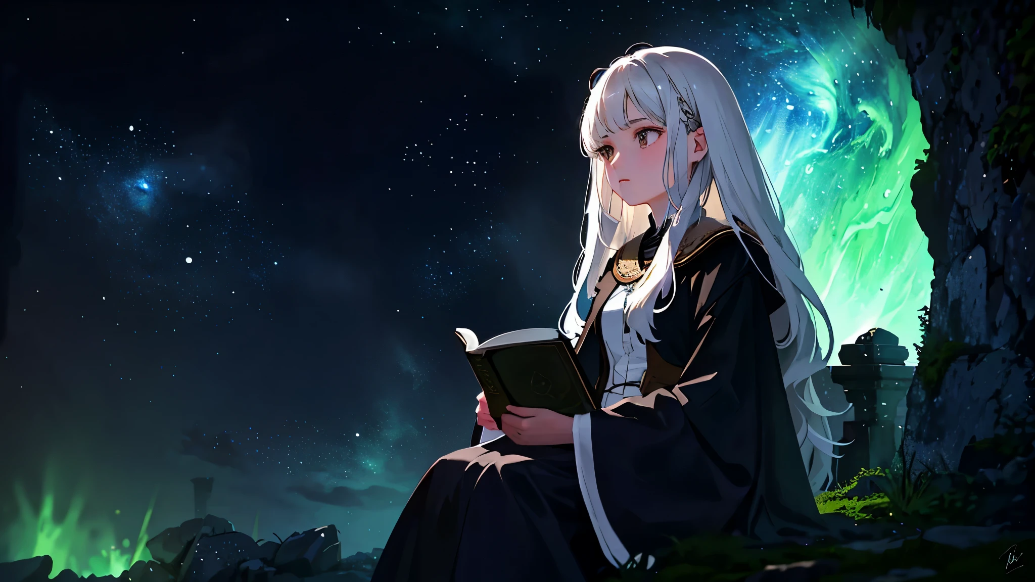 A realistic painting of a thoughtful girl in a white gown under the moonlit night, fondo claro, Moody and tranquil, fotorrealista, super detalhada, hiper realista, luzes lunares brillantes, 8K. The girl, with long wavy white hair, has brown eyes that reflect the soft light of the moon. She is sitting alone on a mossy stone bench, surrounded by a serene and mostly cloudy sky. Her expression is deep in thought, and she holds a book in her hands, lost in its pages. The painting is stark and realistic, capturing the stillness and quiet beauty of the moonlit night.