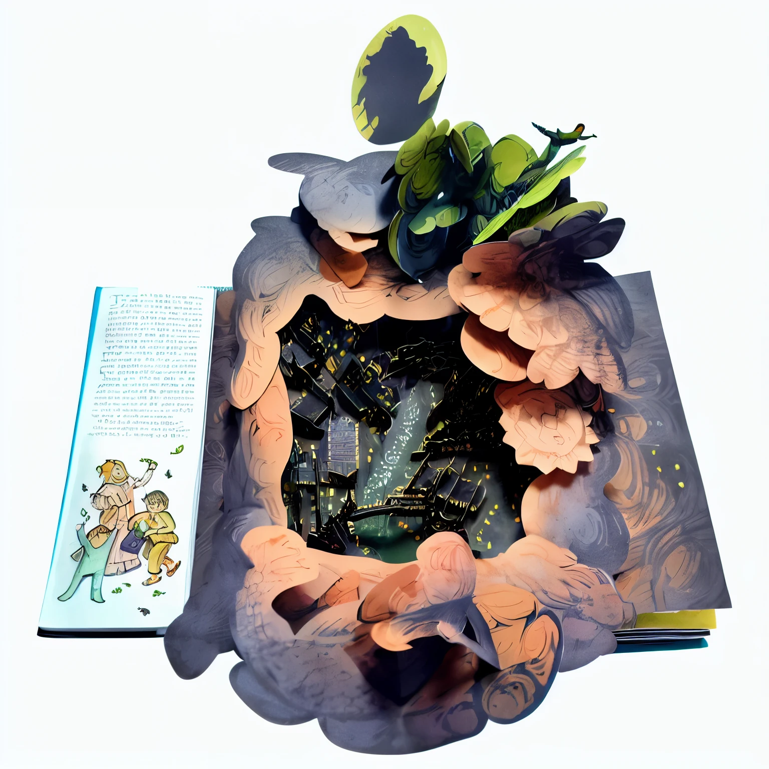 there is a book featuring a garden with a lake and books, children's book illustration, detailed book illustration, children's book illustration, full color illustration, book illustration, full view, full body view, enchanted terrarium graphics, storybook illustration, story book design, garden, paper cut, children's book illustration, children's book illustration, children's book illustration