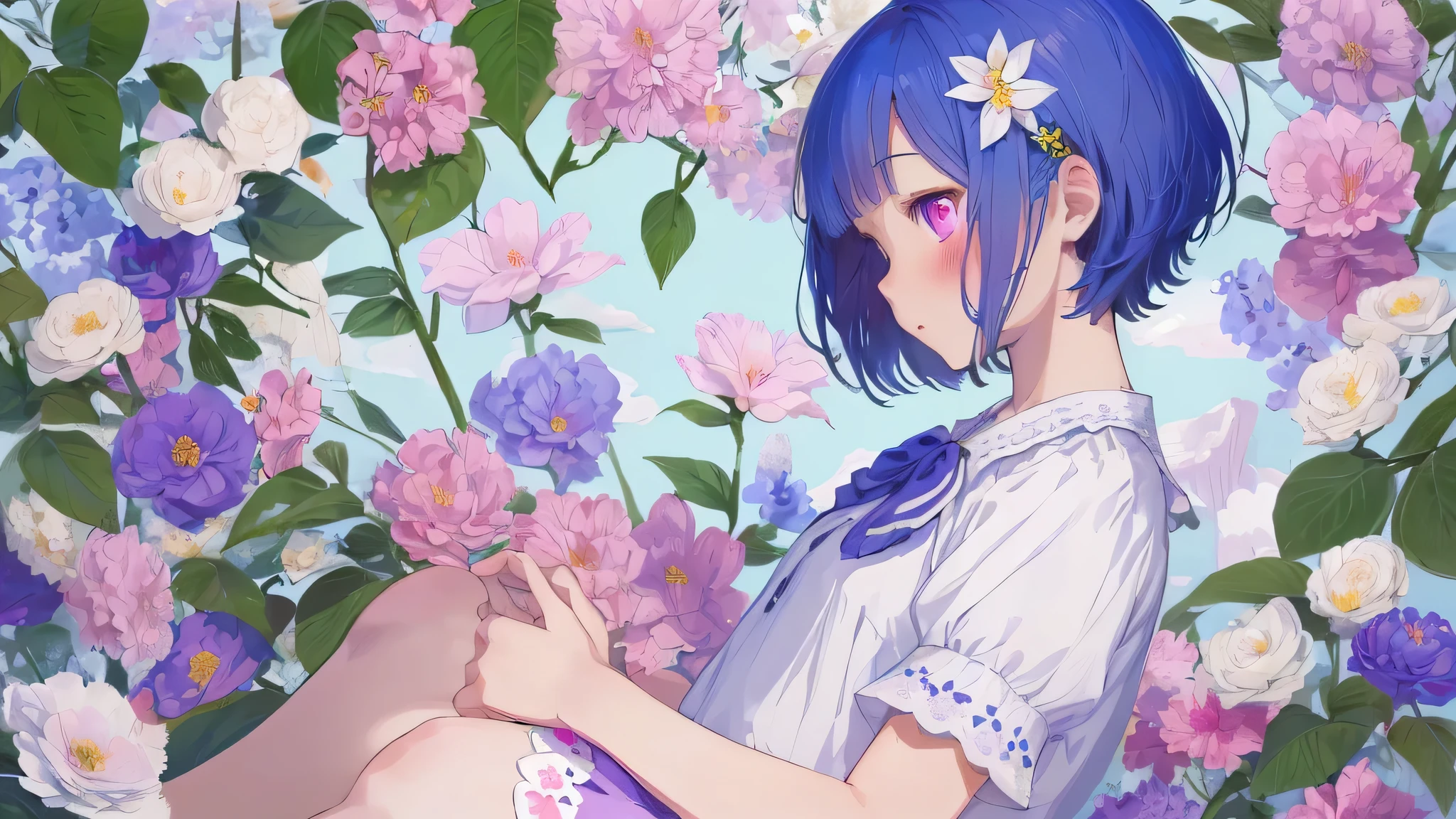 highest quality, masterpiece, very detailed, detailed background, 1 girl, alone, short hair, flower, blue hair, white background, pink flower, simple background, profile, shirt, white shirt, white flower, bow, bangs, purple eyes, leaf, blush,yellow skirt
