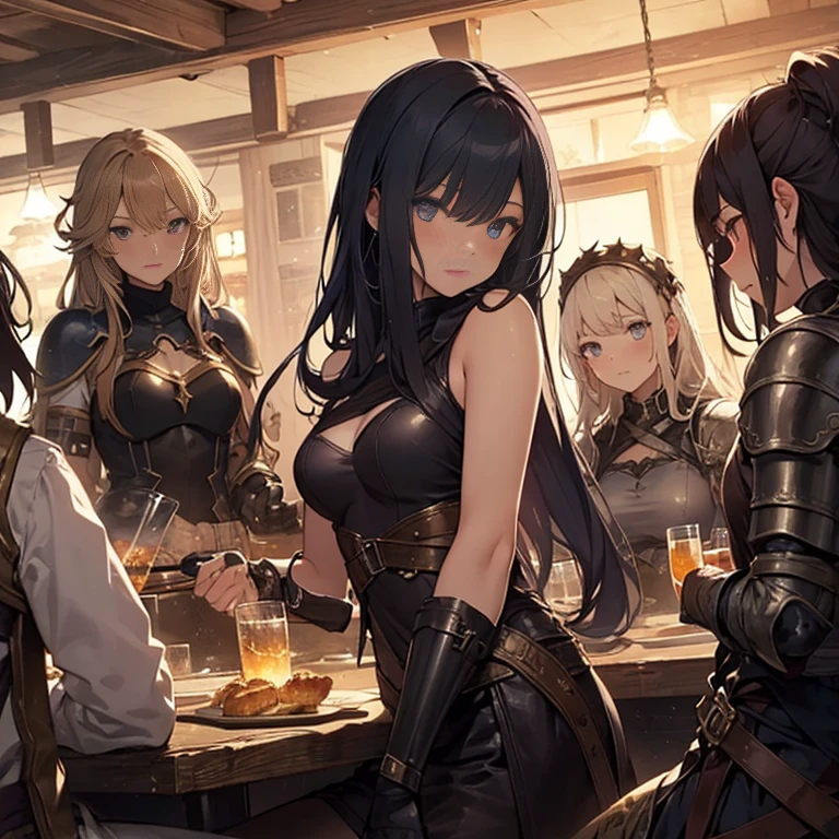 A group of  female medieval fantasy adventurers, (in tavern), various hair styles, harem, night, details face, seducing, sleeveless, armor 