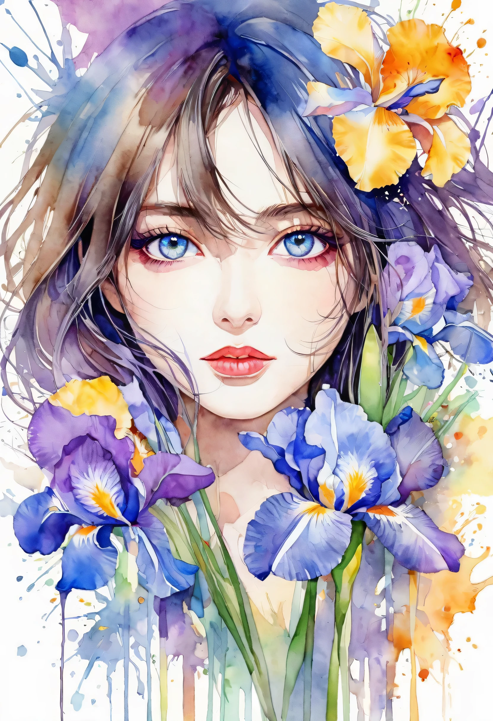 beautiful woman portrait, Sylvia Pelissero watercolors, Irises flower、beautiful eyes、 abstract art, intense watercolor, watercolor detailed art, watercolor splash, surreal, avant-garde pop art, Beautiful and expressive paintings, Beautiful artwork illustration, very colorful tones, wonderful, cool beauty, highest quality,official art, women only, sharp outline, best shot, vector art, Wind flower color々Story、