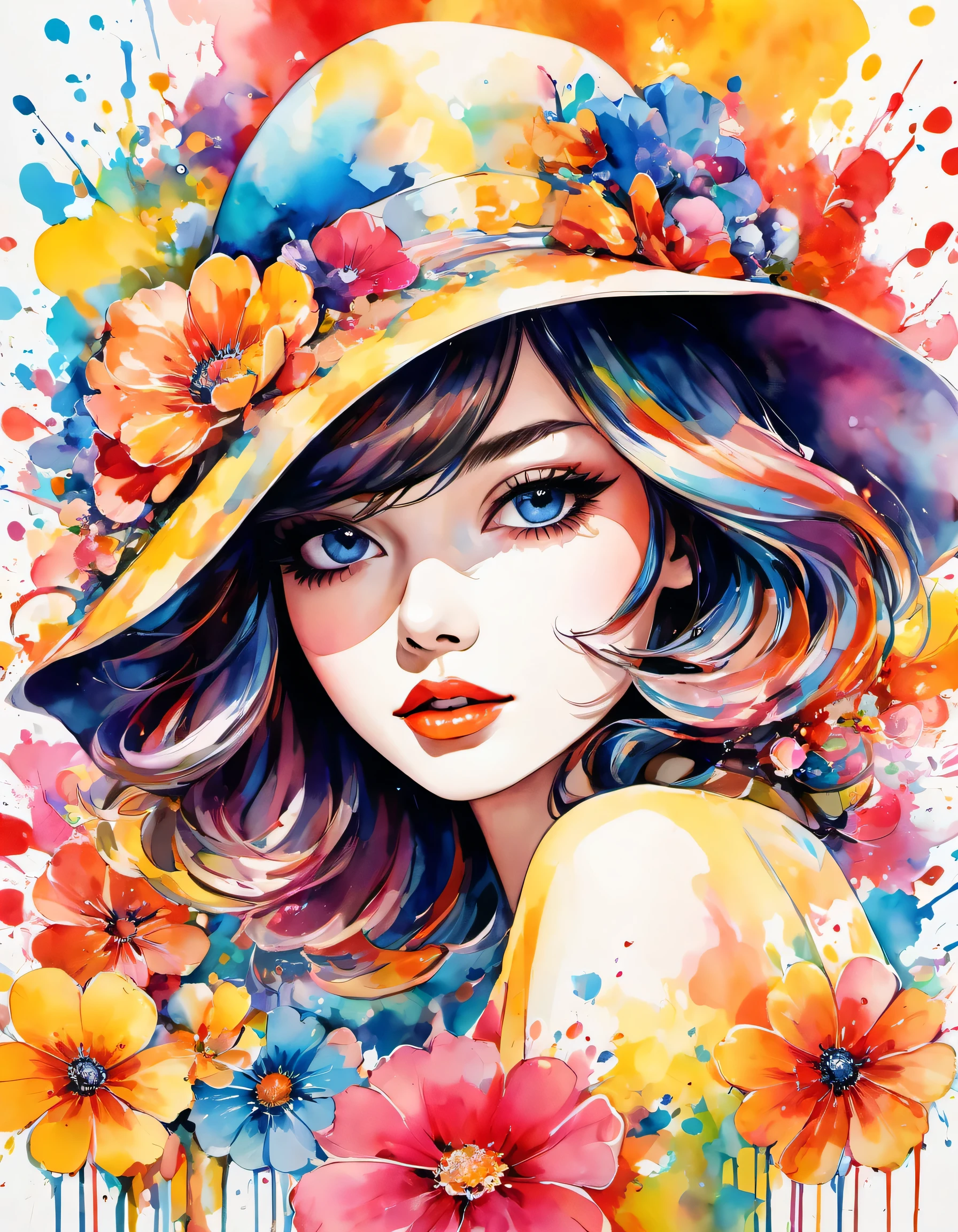 beautiful woman portrait, Sylvia Pelissero watercolors, colorful flowers、beautiful eyes、 abstract art, intense watercolor, watercolor detailed art, watercolor splash, surreal, avant-garde pop art, Beautiful and expressive paintings, Beautiful artwork illustration, very colorful tones, wonderful, cool beauty, highest quality,official art, women only, sharp outline, best shot, vector art, Lips in Love、Fashionable hats、Stylish sunglasses、 (((The strongest beautiful girl of all time))), (((Japanese))、Idol、clear, Fashionable hats, (((highest quality))), bob hair, Lips in Love, HDR, ((Detailed details)), stylish fashion, detailed clothing texture, (((graffiti art))), colorful hair, ((masterpiece))、((Super detailed))