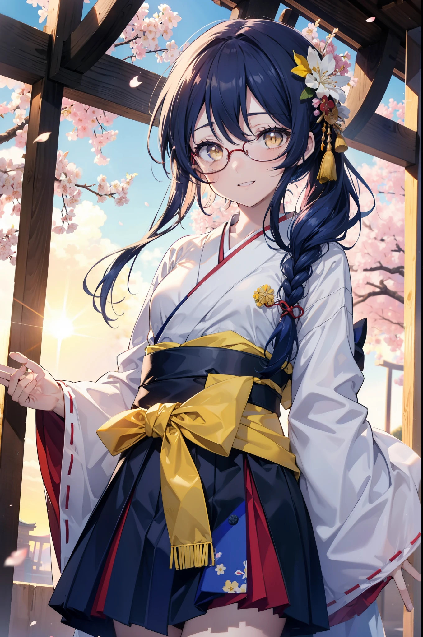 you are so kind, umi sonoda, long hair, blue hair, (yellow eyes:1.5) (flat chest:1.2),happy smile, smile, open your mouth,black rim glasses,Blue headband,
Platycodon grandiflorum,Miko, white kimono, red hakama,kimono, same as skirt, wide sleeve, long sleeve, ribbon trim sleeves,
とてもlong hair, dull bangs, low ponytail, evening,sunset,The sun is setting,cherry blossoms are blooming,Cherry blossoms are falling,
break looking at viewer,whole body,Upper body,,(cowboy shot:1.5),
break indoors, shrine,torii,
break (masterpiece:1.2), highest quality, High resolution, unity 8k wallpaper, (figure:0.8), (detailed and beautiful eyes:1.6), highly detailed face, perfect lighting, Very detailed CG, (perfect hands, perfect anatomy),