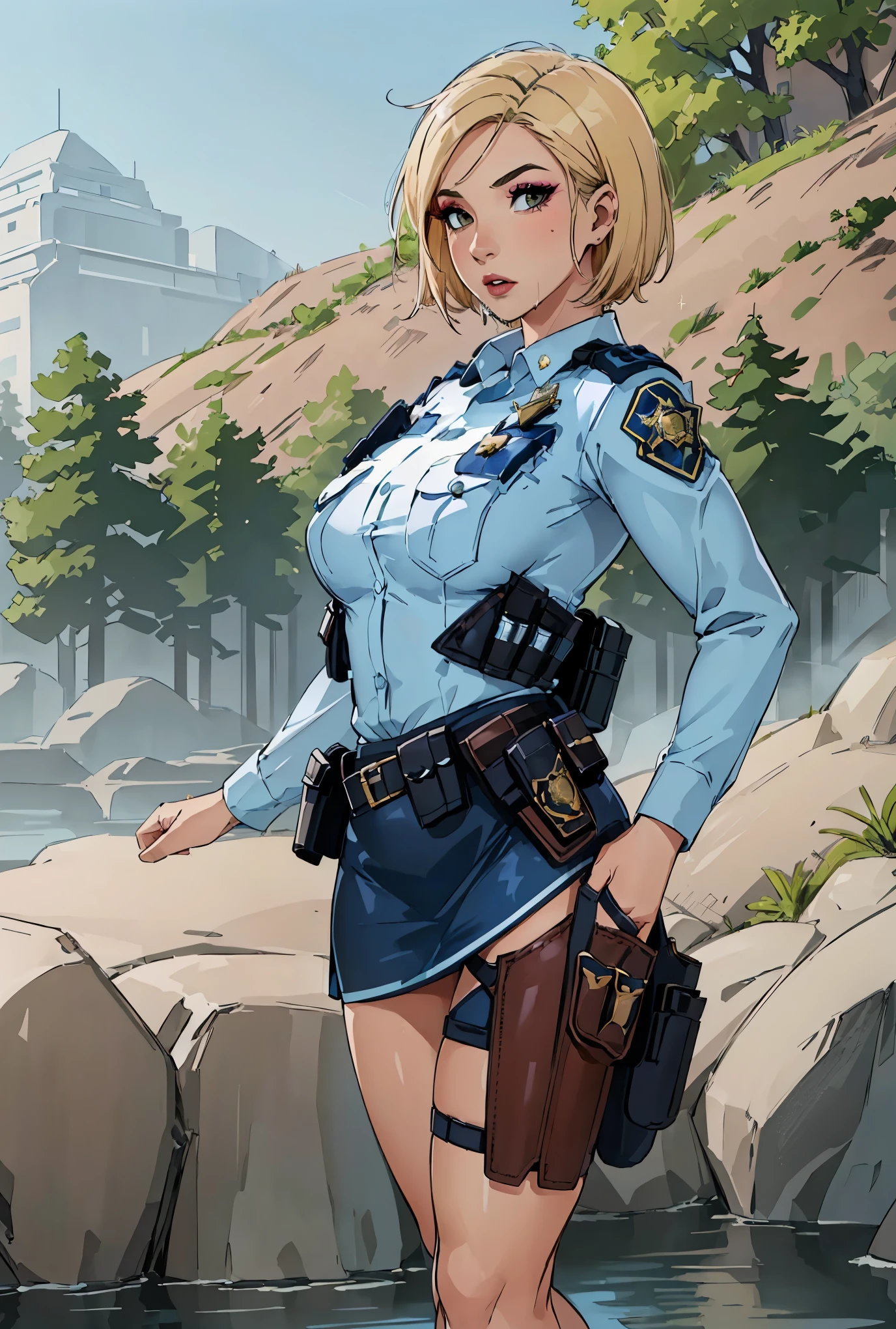 ((highest quality)),(ultra high resolution),(Super detailed),(detailed description),((best CG)),(best work of art),super precision art,great drawing art,(Art with precise details:1.5), (1 female police officer:1.8),(beautiful and well-shaped face:1.5),(Strong-willed eyes:1.5,(light makeup:1.6),(Moist body flaxen short hair:1.6),(Tight uniform:1.6),(tight mini skirt:1.4),(holster:1.5),(Beautiful leg lines:1.5), (Exquisite and detailed outdoor scenery:1.7),