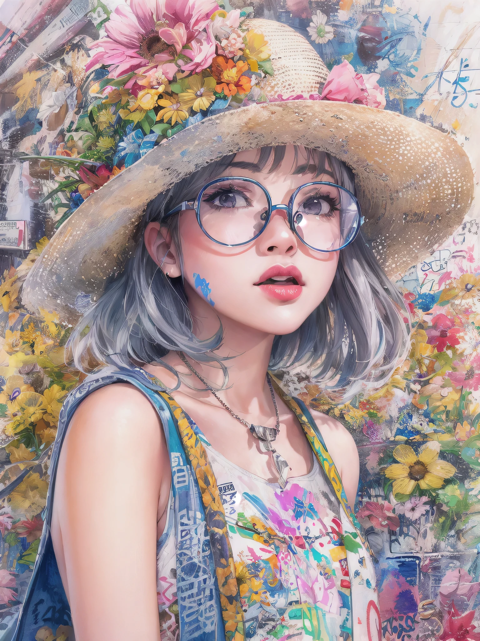 8K quality, watercolor painting, stylish design, (((The strongest beautiful girl of all time))), (((Japanese))、Idol、Yuriko Yoshitaka、clear, stylish glasses, Fashionable hats, (((highest quality))), bob hair, Lips in Love, HDR, ((Detailed details)), stylish fashion, detailed clothing texture, (((graffiti art))), colorful hair, ((masterpiece))、((Super detailed))、colorful flowers