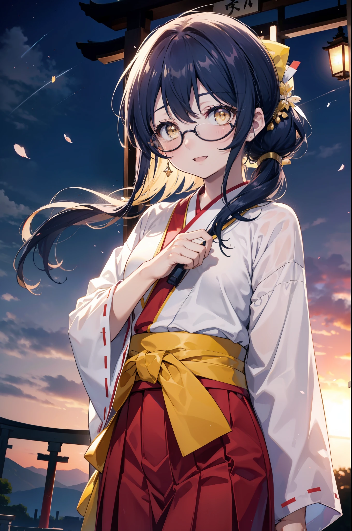 you are so kind, umi sonoda, long hair, blue hair, (yellow eyes:1.5) (flat chest:1.2),happy smile, smile, open your mouth,black rim glasses,Blue headband,
Platycodon grandiflorum,Miko, white kimono, red hakama,kimono, same as skirt, wide sleeve, long sleeve, ribbon trim sleeves, 
とてもlong hair, dull bangs, low ponytail, evening,sunset,The sun is setting,cherry blossoms are blooming,Cherry blossoms are falling,
break looking at viewer,whole body,Upper body,,(cowboy shot:1.5),
break indoors, shrine,torii,
break (masterpiece:1.2), highest quality, High resolution, unity 8k wallpaper, (figure:0.8), (detailed and beautiful eyes:1.6), highly detailed face, perfect lighting, Very detailed CG, (perfect hands, perfect anatomy),
