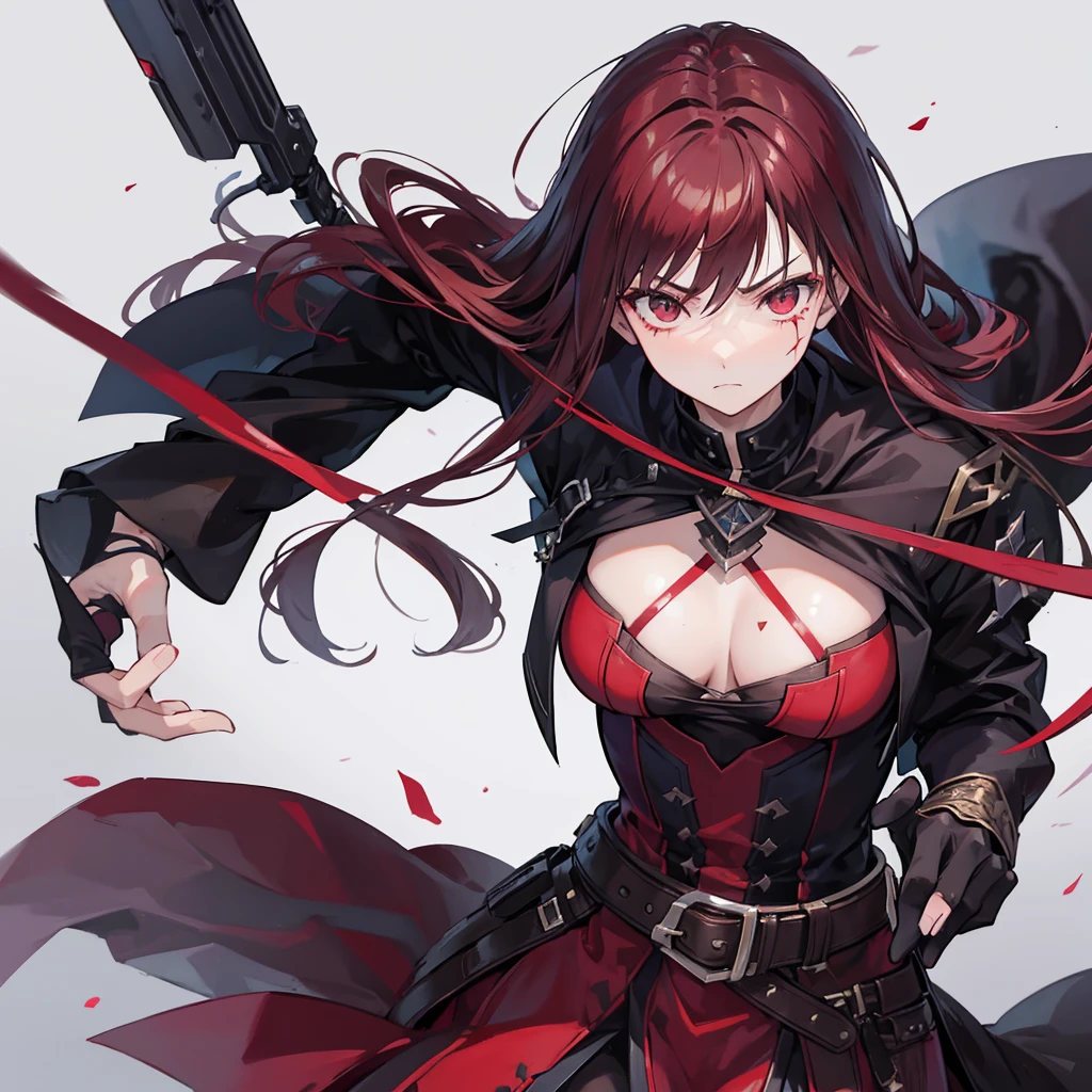 a female assassin has dark red hair, has a scar on her eyebrow, wears a dark brown assassin robe with two daggers, has the appearance of a thug, anime style, a 19 year old ager