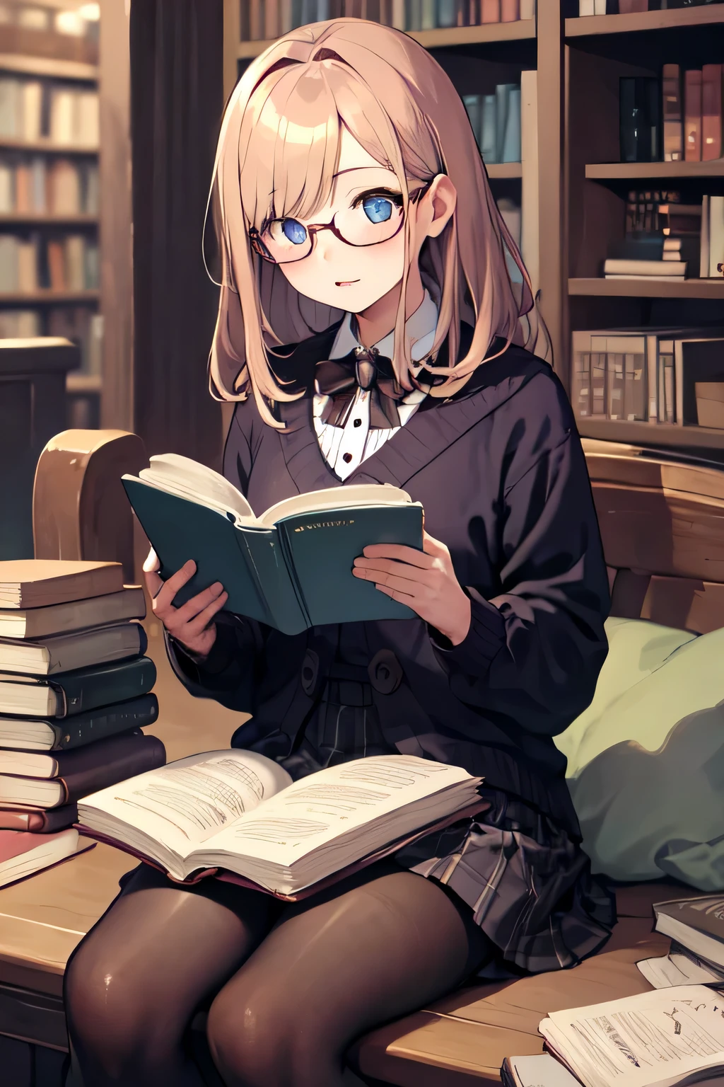 girl、library、Glasses、lots of books、cute、tights、skirt、reading a book