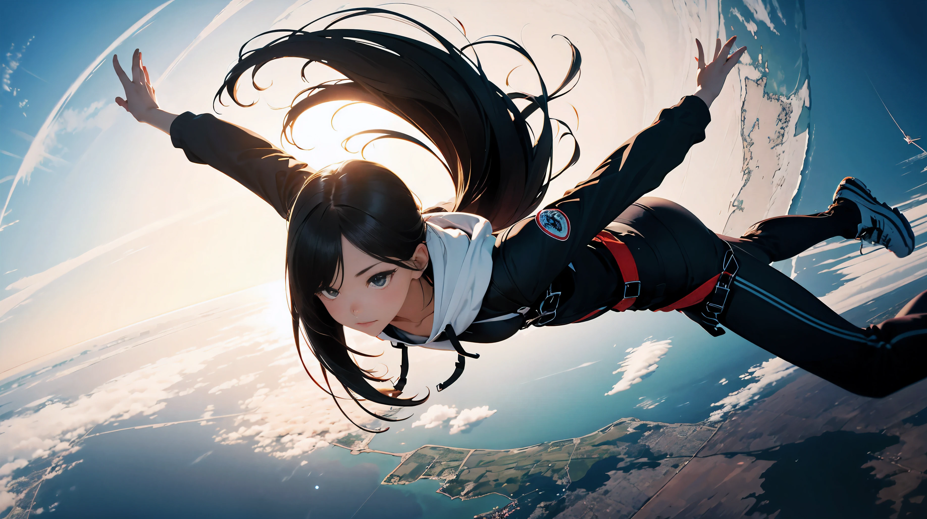 Round earth in background, falling, wearing white hoodie, long black hair, arms outstretched, looking straight ahead, cool woman, symmetry, high quality, aerial, atmospheric, skydive,