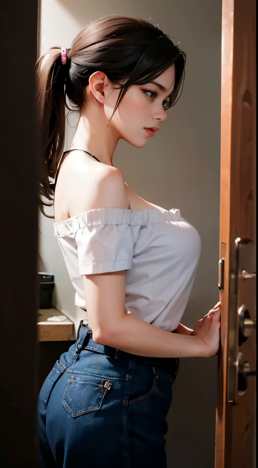 absolutely resolution,absurdres,dynamic lighting,high resolution,best quality,detailed background,from side BREAK
1girl,large breasts,ponytail,,(off shoulder white shirt:1.2),undressing clothes,open shirt,black bra,bra stiper,tuck in plaid skirt BREAK
standing,looking down BREAK
locker room 