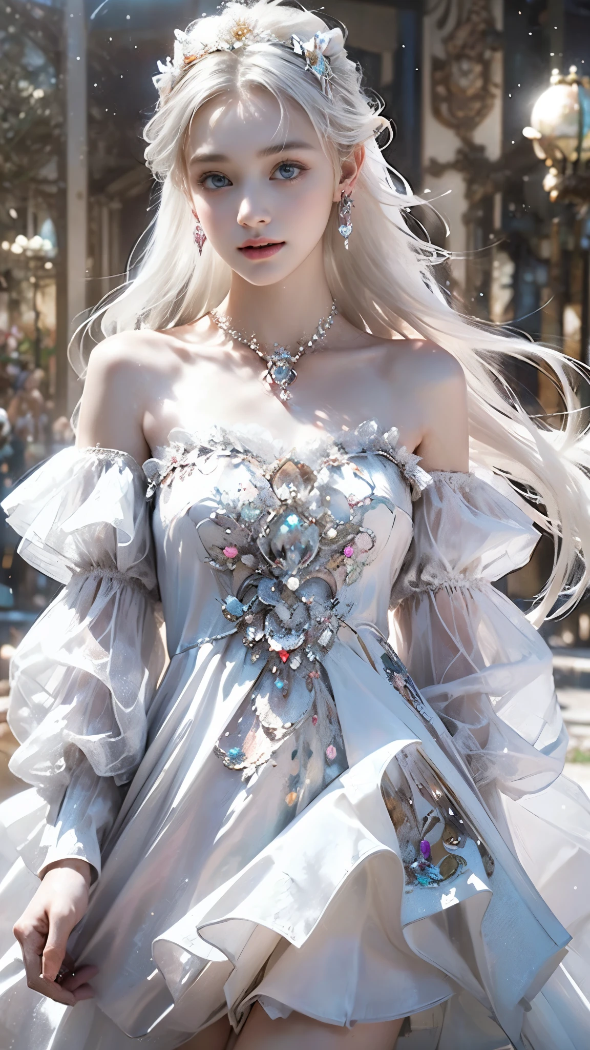 8K, ultra hd, masterpiece, 1 girl, (ibeautiful face:1.4), detailed eyes, very long hair, impressive hairstyle, earings, necklace, small breasts, (white dress:1.5), (fantasy dress:1.5) Light-colored foundation brings out the transparency of the skin, (in the wonderland:1.5), mystery, diwali lights, glowing lights, very decoration, The lights falls like water, perfect body,