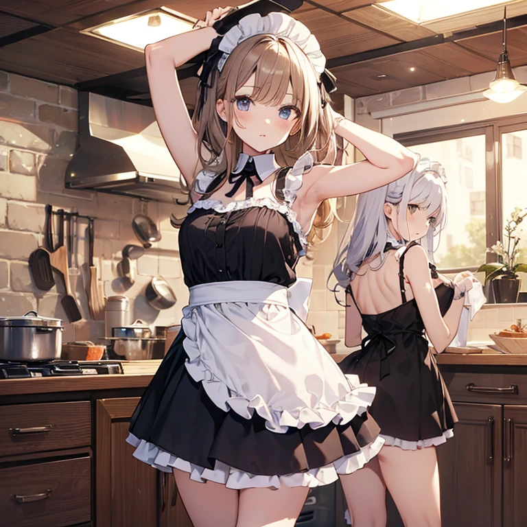 A group of maids, (in kitchen), various hair styles, harem, wearing maid clothes, night, details face, short skirt, seducing, armpits