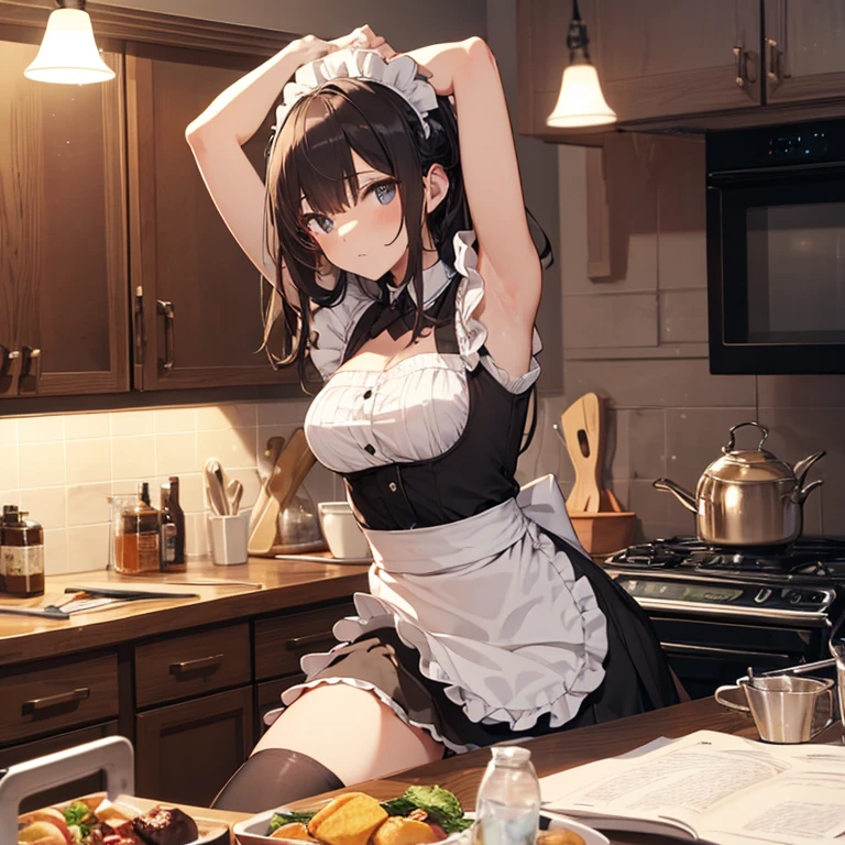 A group of maids, (in kitchen), various hair styles, harem, wearing maid clothes, night, details face, short skirt, seducing, armpits