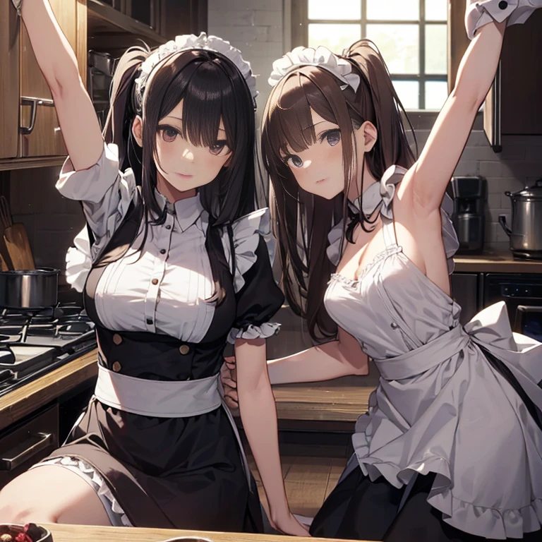 A group of maids, (in kitchen), various hair styles, harem, wearing maid clothes, night, details face, short skirt, seducing, armpits