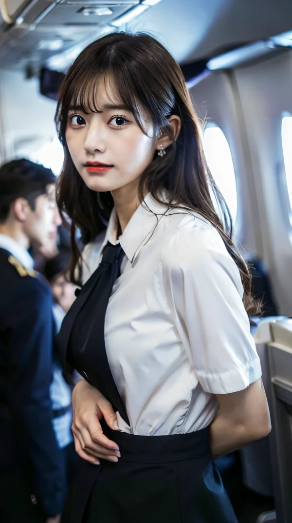 (in 8K、Raw photography Highest Quality、realisitic、Photorealsitic、Professional Lighting、masterpiece、extremely delicate and beautiful、Highly detailed、finely detail、ultra-detailliert、hight resolution、full-shot)、There were several men huddled on the plane、1girl in、One woman in a black suit、Black jacket、white shirt、a black skirt、Beautiful face:1.5、slim proportions、small tits:ung man in suit、Hug her from behind:1.5、Other young men flipping up skirts、I can see the white panties、Draw in clear detail whose hand it is、Pubic hair is visible、((( are visible)))、Eyes open:3、moaning in pain、feeling in pain、auw、Following the pain、moaning in pain、Pain in the face frowning、I'm looking at you、(((Cabin Crew)))、(((On the plane)))、