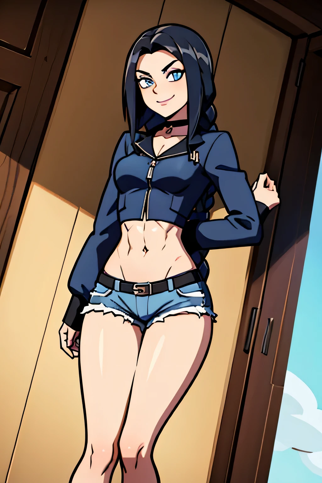 (Cartoon style), ((best quality)), depth of field, (dynamic angle), (blue eyes), 1girl, goth girl:1.2, 18 years old, long black hair, hair in one long braid down to her butt: 1.4, narrow waist, Abs, smile:1.3, navel, medium bust, Choker, tomboy, top and shorts, Jacket, mischievous smile:1.3, navel, daylight, Park, noon, seductive,