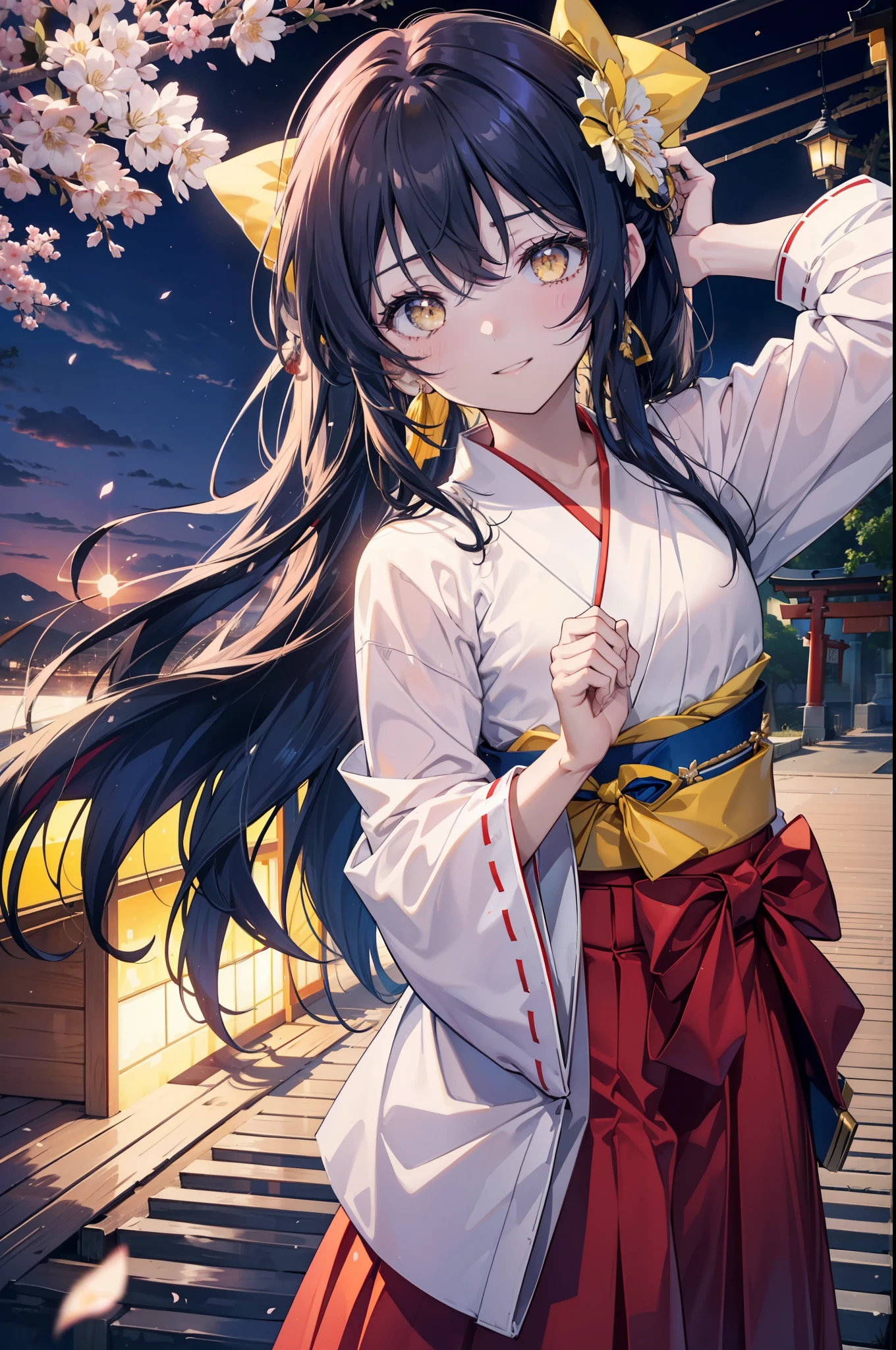 you are so kind, umi sonoda, long hair, blue hair, (yellow eyes:1.5) (flat chest:1.2),happy smile, smile, open your mouth,black rim glasses,Blue headband,
Platycodon grandiflorum,Miko, white kimono, red hakama,kimono, same as skirt, wide sleeve, long sleeve, ribbon trim sleeves, 
とてもlong hair, dull bangs, low ponytail, evening,sunset,The sun is setting,cherry blossoms are blooming,Cherry blossoms are falling,
break looking at viewer,whole body,Upper body,,(cowboy shot:1.5),
break indoors, shrine,torii,
break (masterpiece:1.2), highest quality, High resolution, unity 8k wallpaper, (figure:0.8), (detailed and beautiful eyes:1.6), highly detailed face, perfect lighting, Very detailed CG, (perfect hands, perfect anatomy),