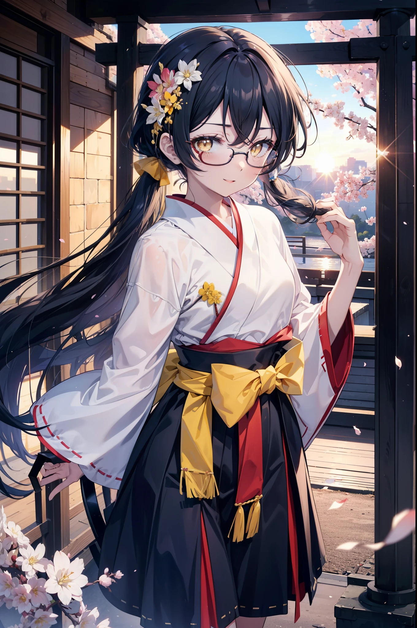 you are so kind, umi sonoda, long hair, blue hair, (yellow eyes:1.5) (flat chest:1.2),happy smile, smile, open your mouth,black rim glasses,Blue headband,
Platycodon grandiflorum,Miko, white kimono, red hakama,kimono, same as skirt, wide sleeve, long sleeve, ribbon trim sleeves,
とてもlong hair, dull bangs, low ponytail, evening,sunset,The sun is setting,cherry blossoms are blooming,Cherry blossoms are falling,
break looking at viewer,whole body,Upper body,,(cowboy shot:1.5),
break indoors, shrine,torii,
break (masterpiece:1.2), highest quality, High resolution, unity 8k wallpaper, (figure:0.8), (detailed and beautiful eyes:1.6), highly detailed face, perfect lighting, Very detailed CG, (perfect hands, perfect anatomy),