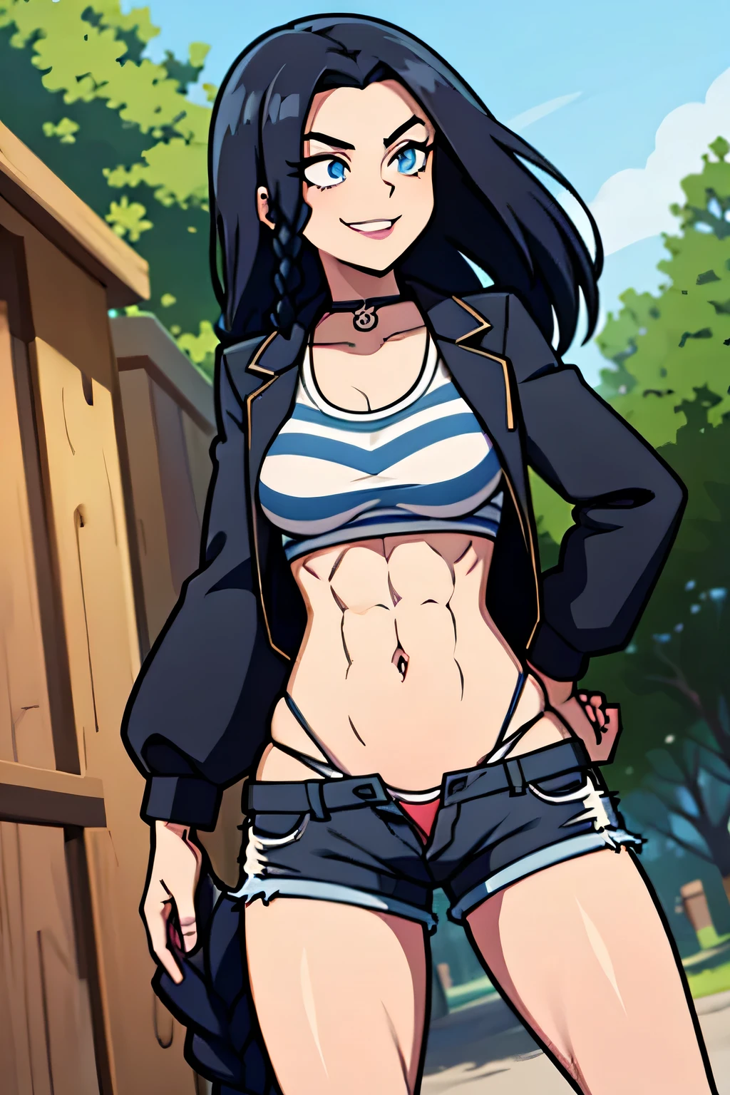 (Cartoon style), ((best quality)), depth of field, (dynamic angle), (blue eyes), 1girl, goth girl:1.2, 18 years old, long black hair, hair in one long braid down to her butt: 1.4, narrow waist, Abs, smile:1.3, navel, medium bust, Choker, tomboy, top and shorts, Jacket, mischievous smile:1.3, navel, daylight, Park, noon, seductive,