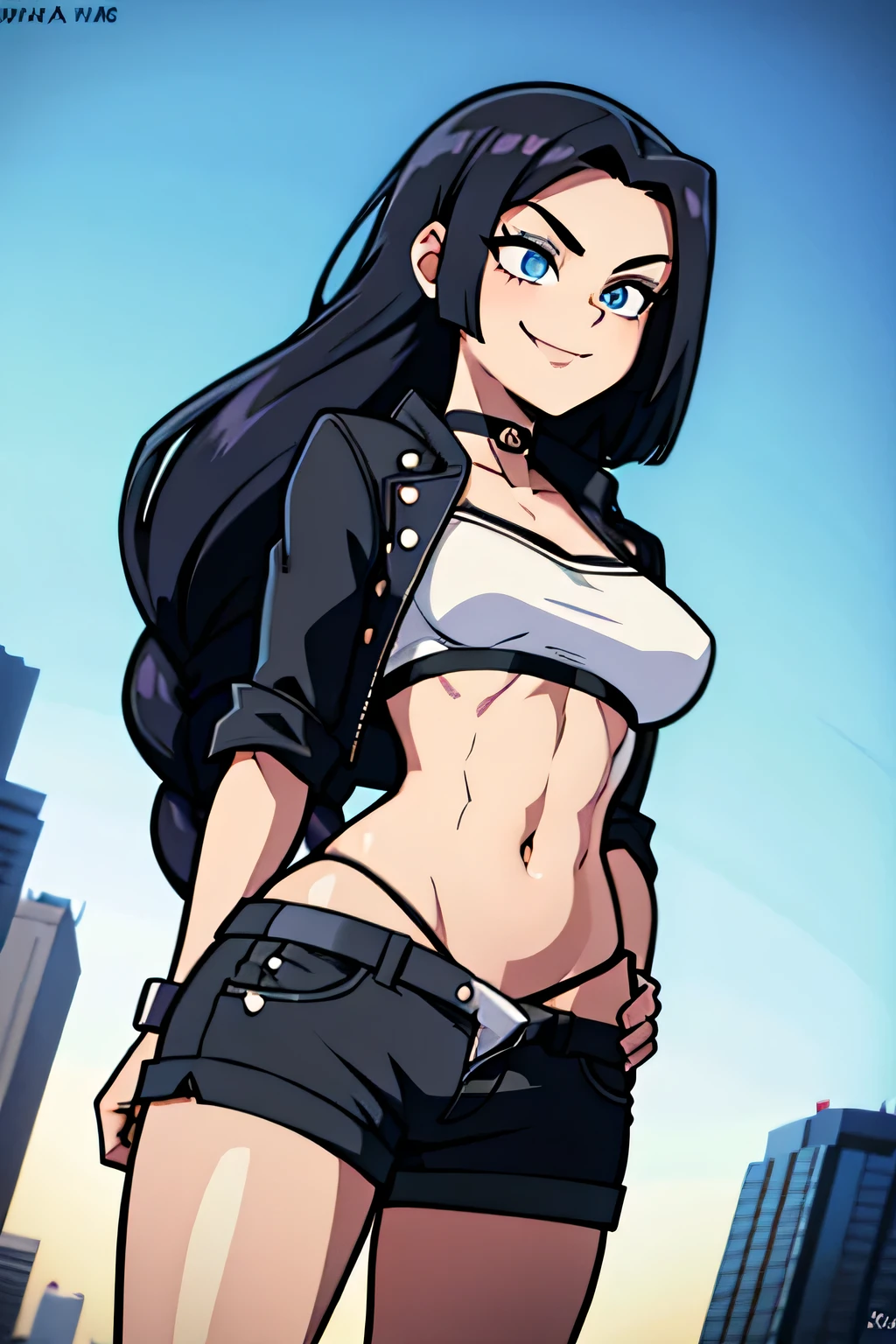 (Cartoon style), ((best quality)), depth of field, (dynamic angle), (blue eyes), 1girl, goth girl:1.2, 18 years old, long black hair, hair in one long braid down to her butt: 1.4, narrow waist, Abs, smile:1.3, navel, medium bust, Choker, tomboy, top and shorts, Jacket, mischievous smile:1.3, navel, daylight, Park, noon, seductive,