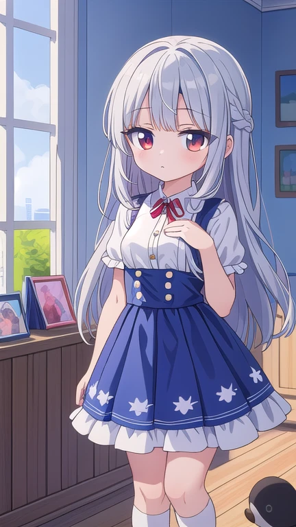 ((highest quality)), ((masterpiece)), (be familiar with), perfect face, long hair, silver hair, (((ddler))), frilled clothing, open eyes wide, empty eyes, red eye, ((expressionless)), from front, game center, ((((small breasts)))), standing, White thigh-high socks, blue checked skirt