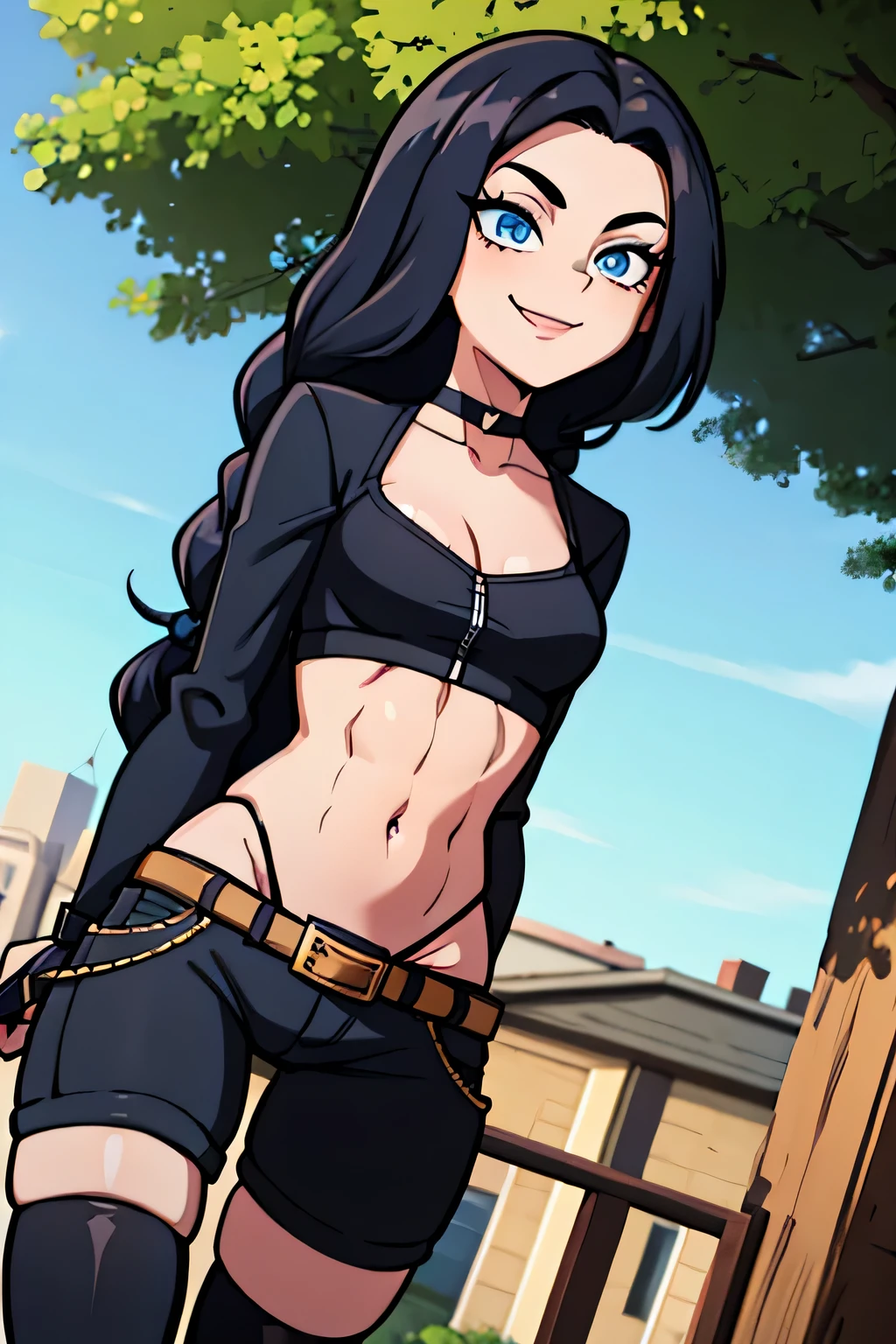 (Cartoon style), ((best quality)), depth of field, (dynamic angle), (blue eyes), 1girl, goth girl:1.2, 18 years old, long black hair, hair in one long braid down to her butt: 1.4, narrow waist, Abs, smile:1.3, navel, medium bust, Choker, tomboy, top and shorts, Jacket, mischievous smile:1.3, navel, daylight, Park, noon, seductive,