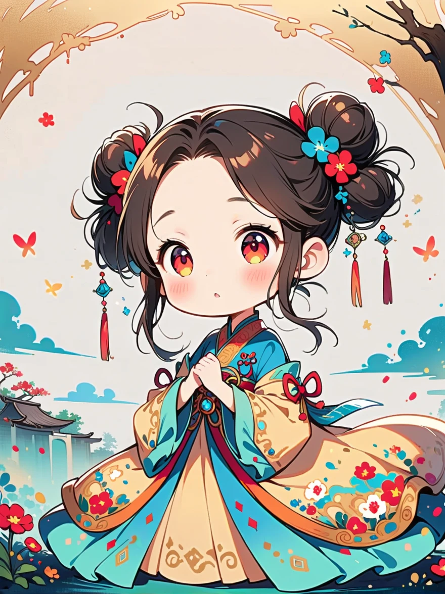 Works of Chinese style masters，shining，dream色彩，art，Ethereal，dream，((美轮美奂的5 years old精灵???))，(((5 years old)))，((solo))，cute，kawaii，Detailed facial features of a child，glowing eyes，Ethereal光辉，wonderland，(Little)，((Bun hair bun))，composition，Dazzling colors，Stunning visual effects，otherworldly appearance，Fascinating artistry，(anatomically correct, 8k)