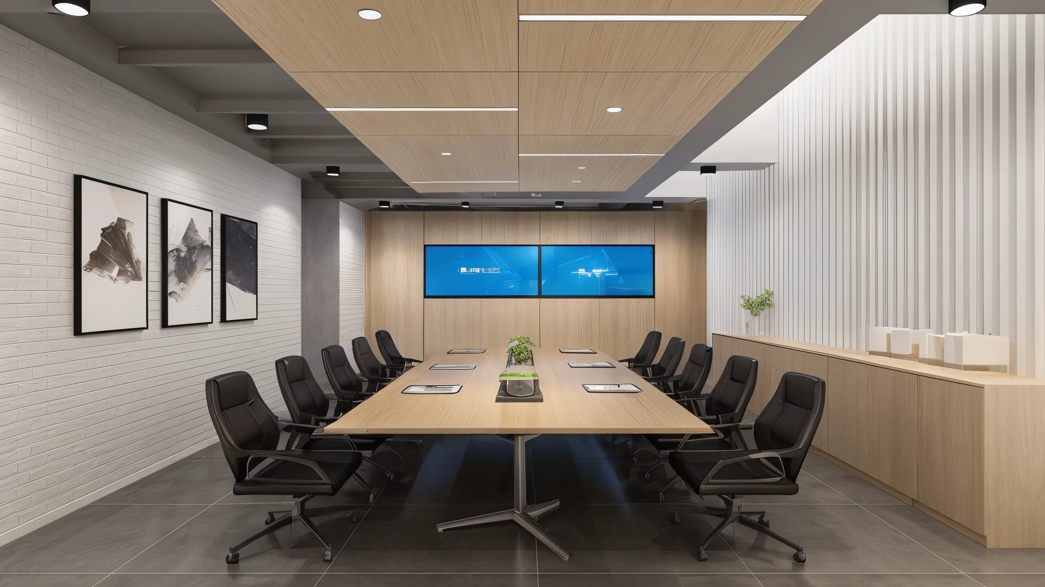 有一个很大的meeting room,There is a long table and chairs, cubical meeting room office, meeting room, office ceiling, bottom corner, in a meeting room, Virtual Reality, comfortable, CG rendering, F 2. 0, C 12.0, F42, F32, f 3 2, high-end, high-end, Detailed rendering,industrial style,spaceship elements