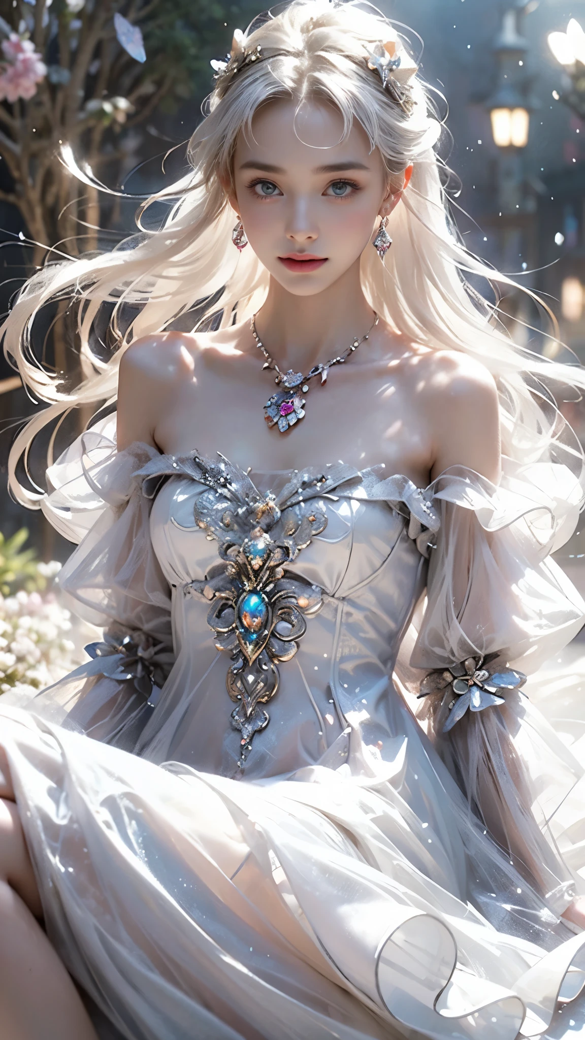 8K, ultra hd, masterpiece, 1 girl, (ibeautiful face:1.4), detailed eyes, very long hair, impressive hairstyle, earings, necklace, small breasts, (white dress:1.5), (fantasy dress:1.5) Light-colored foundation brings out the transparency of the skin, (in the wonderland:1.5), mystery, diwali lights, glowing lights, very decoration, The lights falls like water, perfect body, sitting,