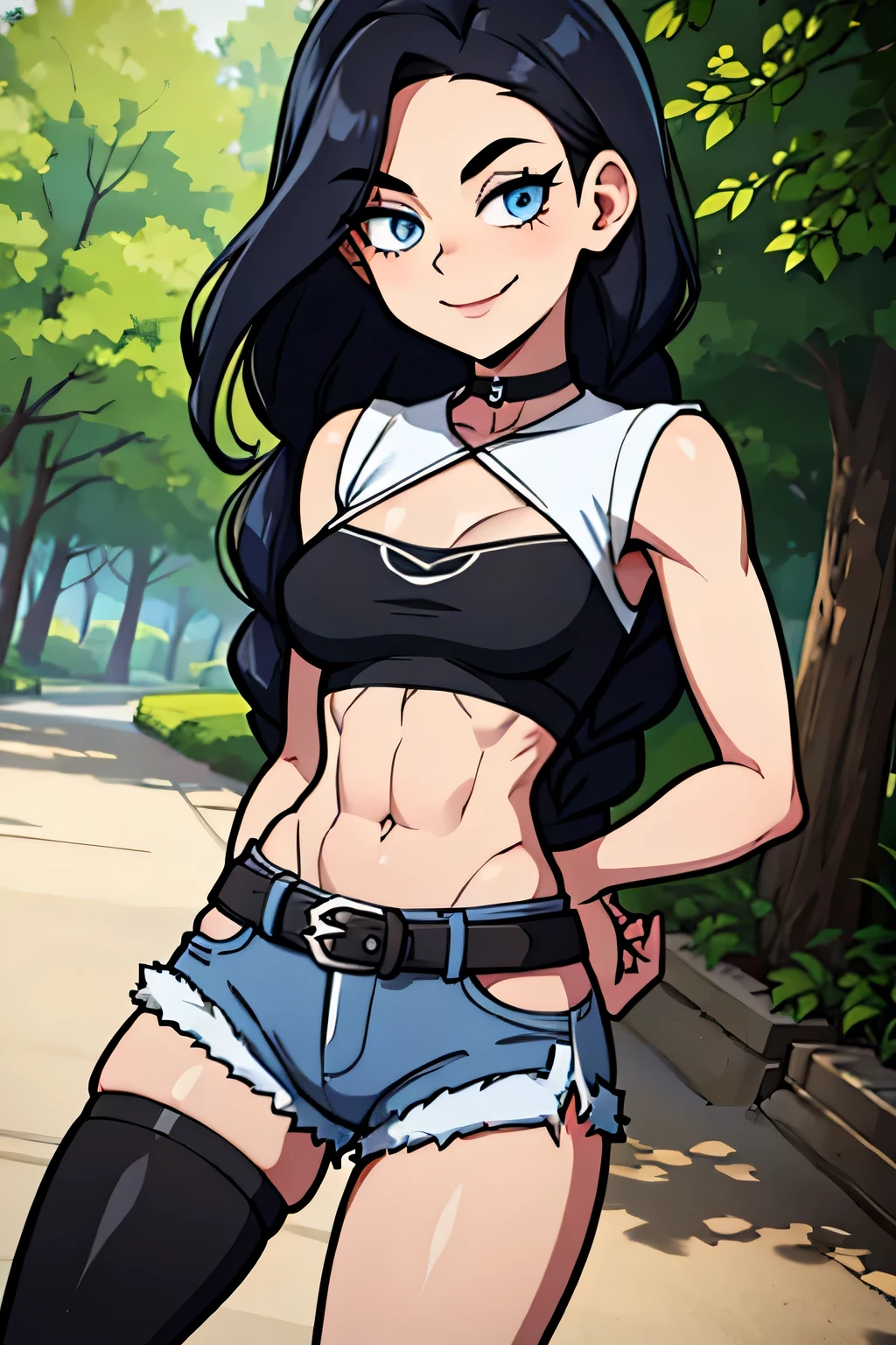 (Cartoon style), ((best quality)), depth of field, (dynamic angle), (blue eyes), 1girl, goth girl:1.2, 18 years old, long black hair, hair in one long braid down to her butt: 1.4, narrow waist, Abs, smile:1.3, navel, medium bust, Choker, tomboy, top and shorts, Jacket, mischievous smile:1.3, navel, daylight, Park, noon, seductive,