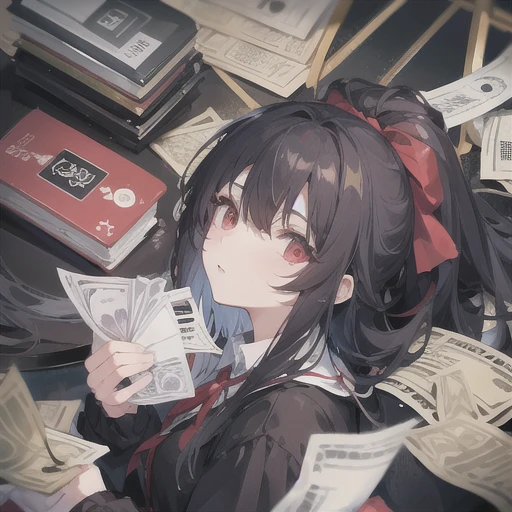 (golden ratio:1.2),[(black background:1.4)::10],(masterpiece), (highest quality), (super detailed),(messy hair),(figure),(1 girl:1.3),alone,full body,black hair,red eyes,long straight hair,hmjy1, long hair, dull bangs
hmjy1, long hair, dull bangs, red eyes, , red jacket, black pantyhose, white shirt, black ribbon, pleated skirt, long sleeve,,medium breasts,Sit at a gaming table,((/There are cards and chips on the table))/,Press your index finger to your lips,blush,shining eyes,Blur borders,Close-up,(Yellow banknotes flew down into the sky:1.3)+(wooden floor:1.2)+(The bills that fell to the ground were scattered everywhere like waste paper.:1.4)