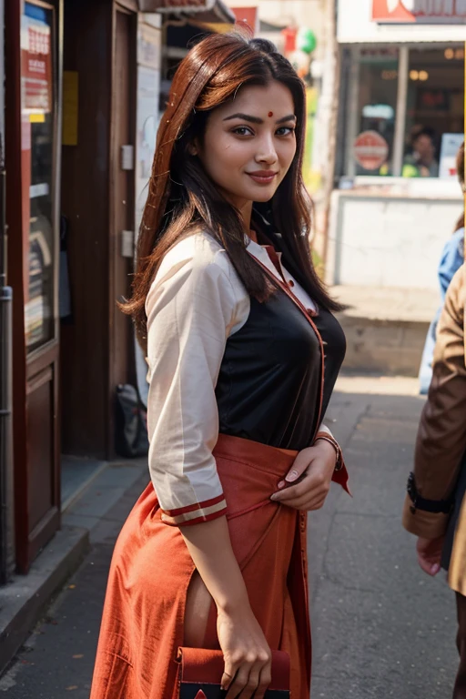 asian professional women, black hairs with medium length, ear visible,hunter eyes,sharp nose, eye color blue ,brown eyelashes, wearing punjabi suit, highlighted red hairs, perfect anatomy,big smile on face, blushing red cheeks, sharp jawline,long legs standing at crowded Indian street, small handbag, high heal, realistic photo looking like aishwarya ra