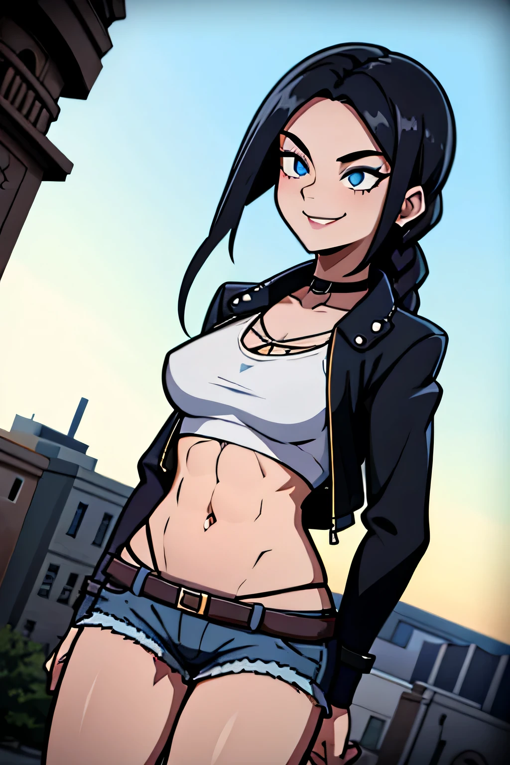 (Cartoon style), ((best quality)), depth of field, (dynamic angle), (blue eyes), 1girl, goth girl:1.2, 18 years old, long black hair, hair in one long braid down to her butt: 1.4, narrow waist, Abs, smile:1.3, navel, medium bust, Choker, tomboy, top and shorts, Jacket, mischievous smile:1.3, navel, daylight, Park, noon, seductive,