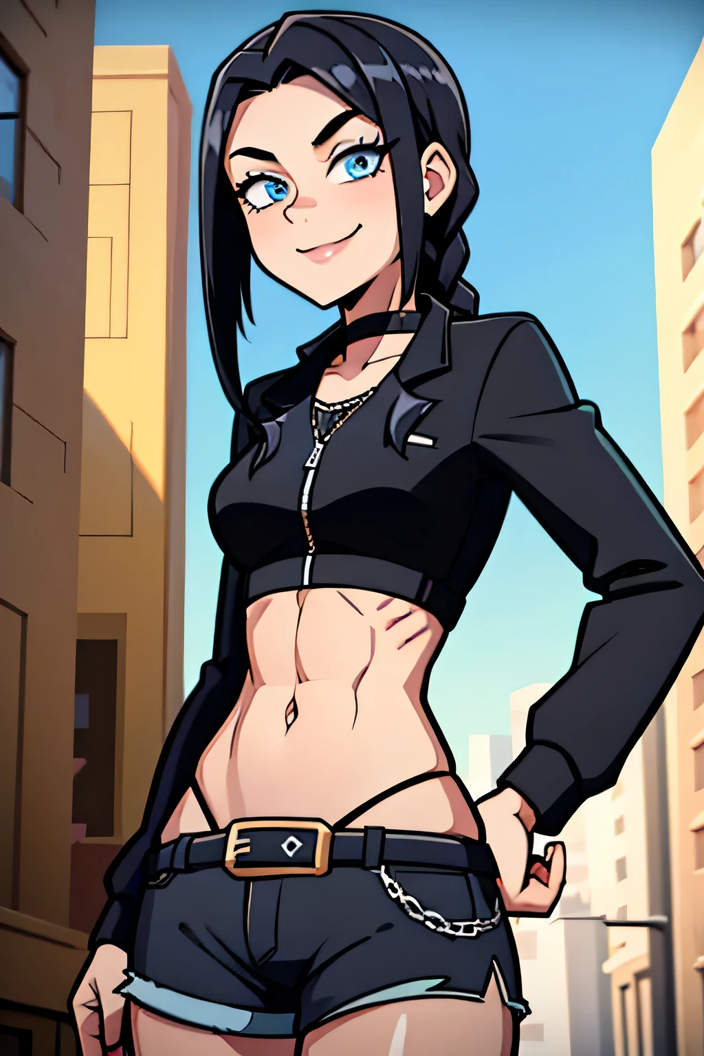 (Cartoon style), ((best quality)), depth of field, (dynamic angle), (blue eyes), 1girl, goth girl:1.2, 18 years old, long black hair, hair in one long braid down to her butt: 1.4, narrow waist, Abs, smile:1.3, navel, medium bust, Choker, tomboy, top and shorts, Jacket, mischievous smile:1.3, navel, daylight, Park, noon, seductive,