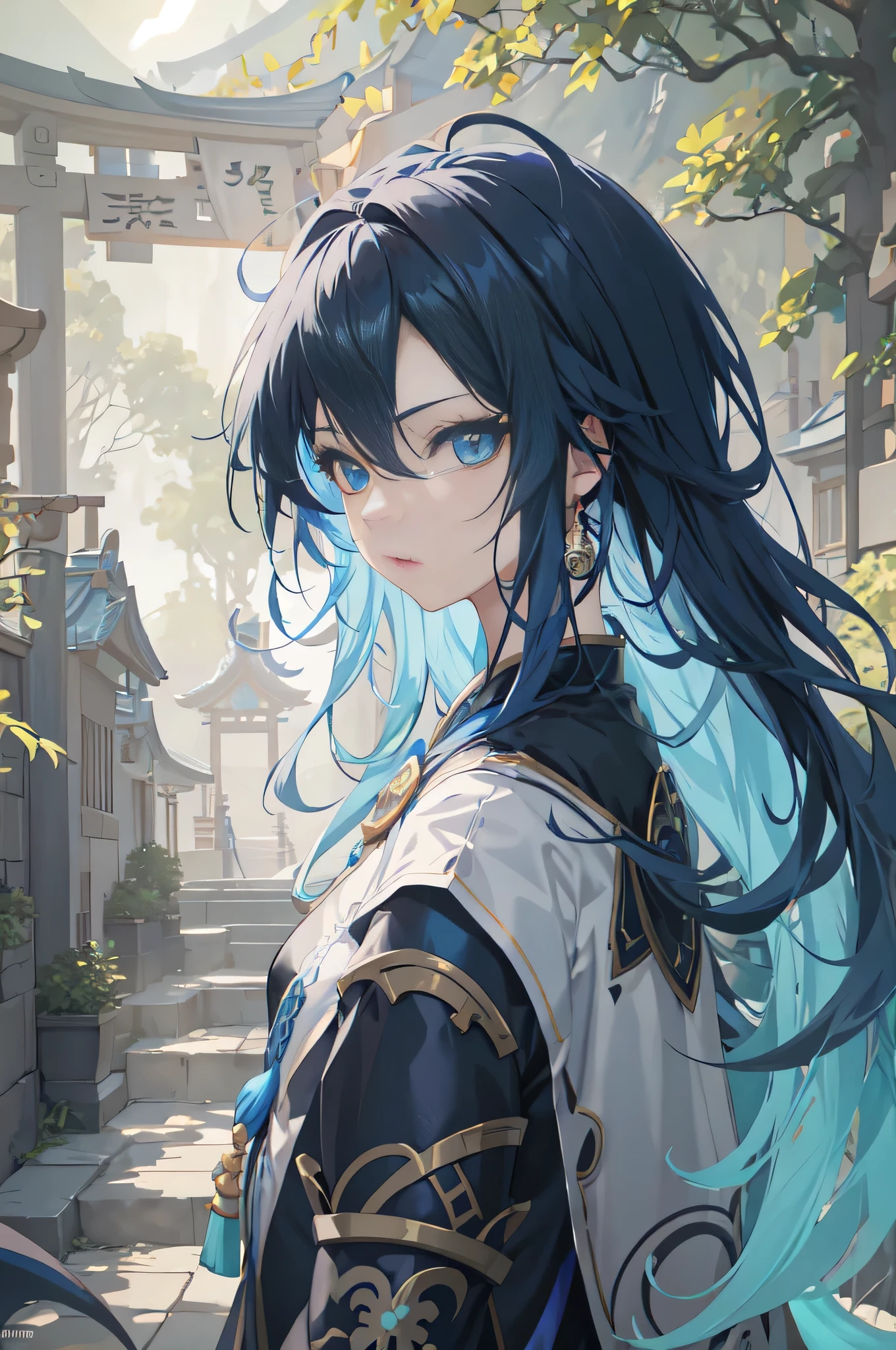 Anime girl with blue hair and blue eyes standing in front of the gate, keqing from Genshin impact, Zodiac Girl Knight Portrait, Black-haired mage, anime art wallpaper 8k, Detailed digital animation art, Genshin, Popular topics on artstation pixiv, guweiz on pixiv artstation, anime art wallpaper 4k