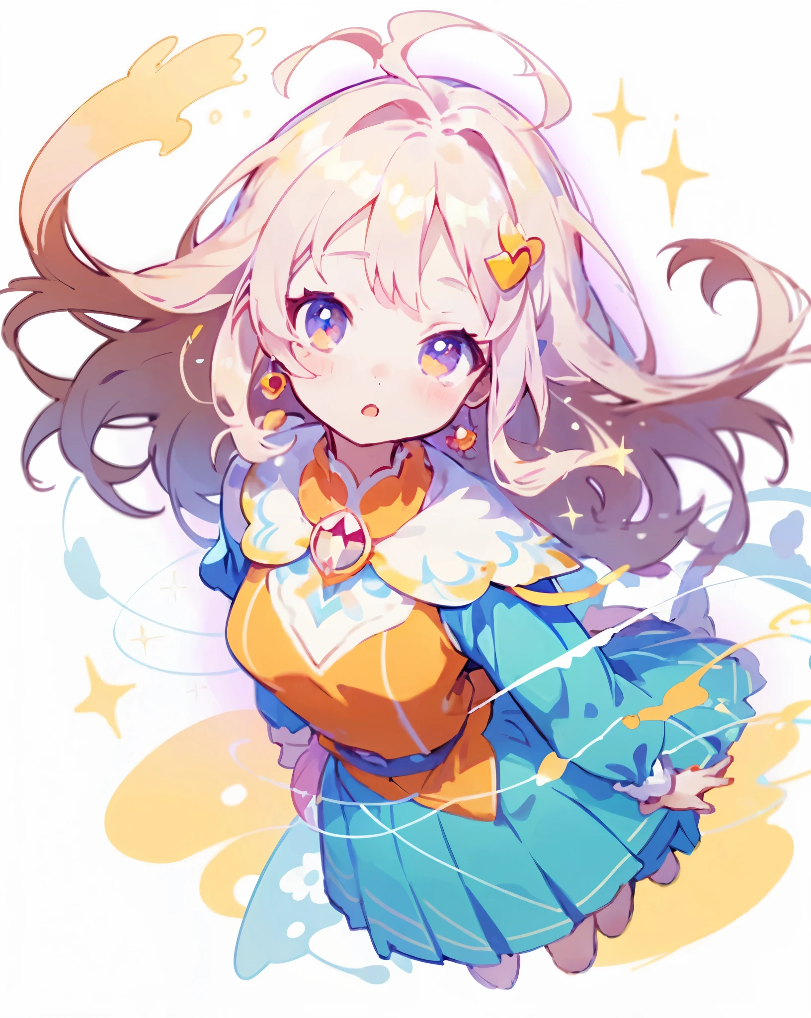 Anime girl in orange dress, magical girl portrait, cute art style, splash art anime, soft anime illustration, magical girl style, magical girl, sparkling magical girl, floating in the air, cute character, full body shot, beautiful, Clear details, simple background, high definition, clear edges, HD, 8K